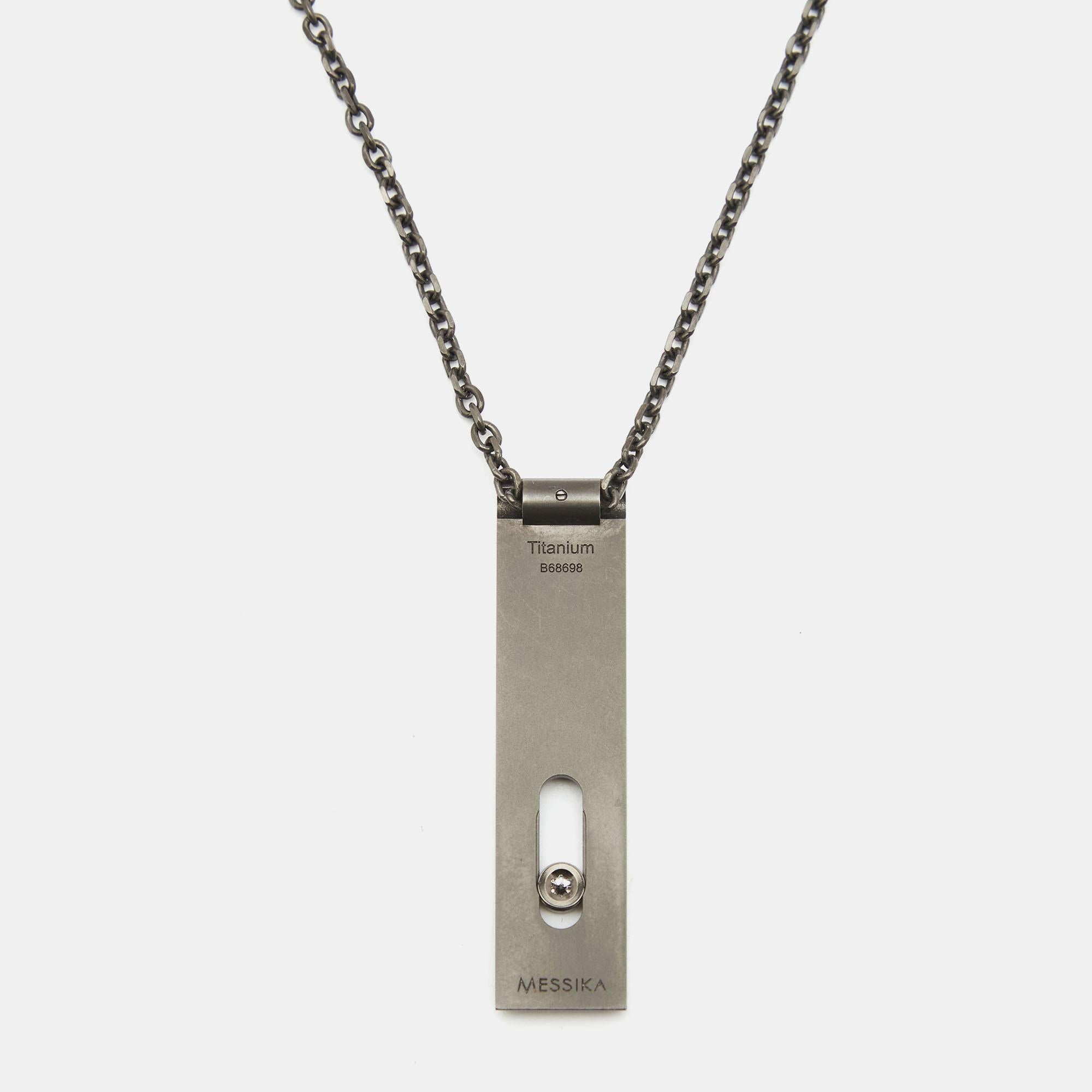 Popular with celebrities, Messika is one of Paris’ most sought-after fine jewelry makers. This titanium necklace is from the Move collection. The design involves a bar-shaped pendant carrying a single diamond and a slender chainlink secured by a