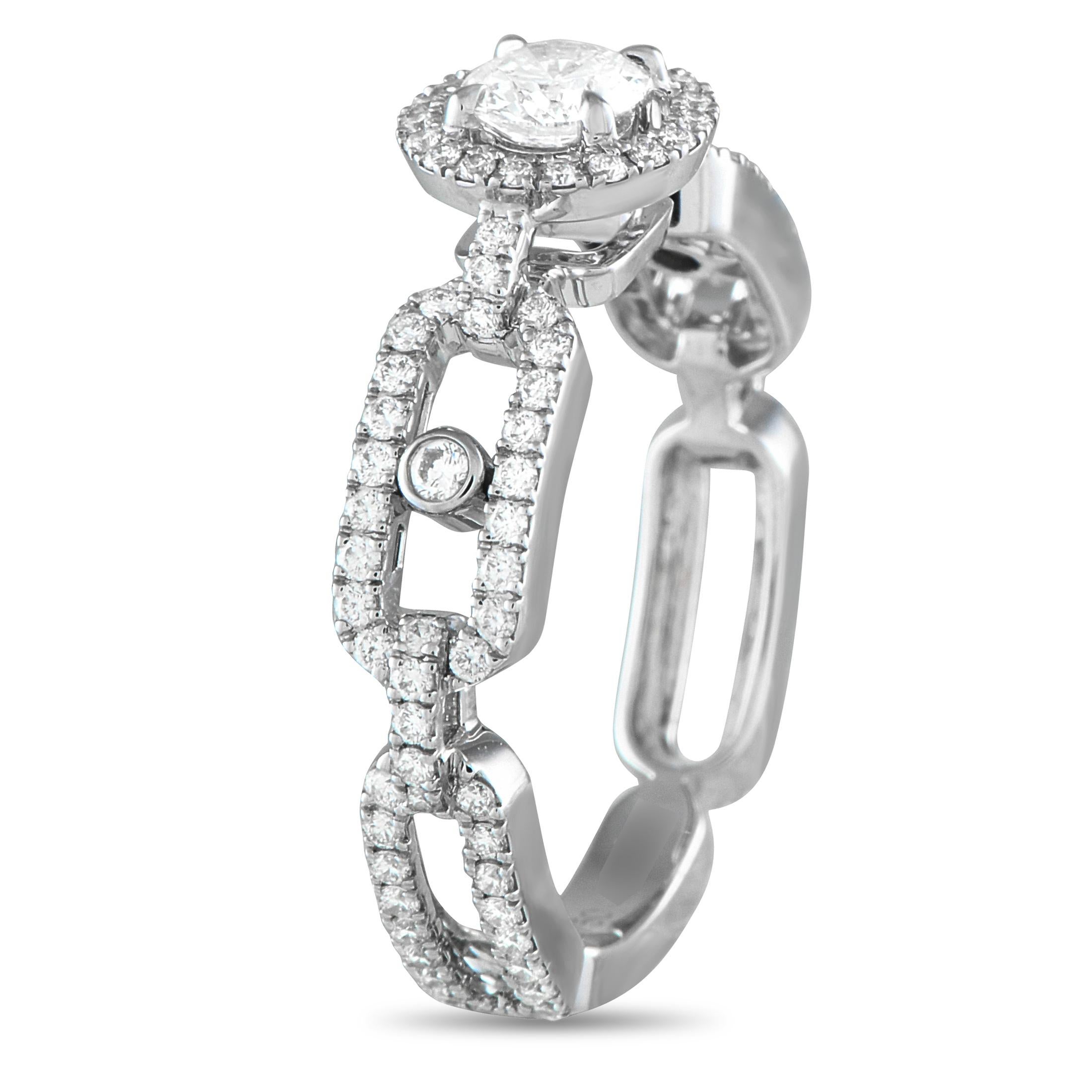 The perfect marker for your enduring love. This Messika Move Link engagement ring features a geometric band in 18K white gold. The band is composed of five links, four of which are diamond-outlined tracks and one is a solid link bearing a flush-set