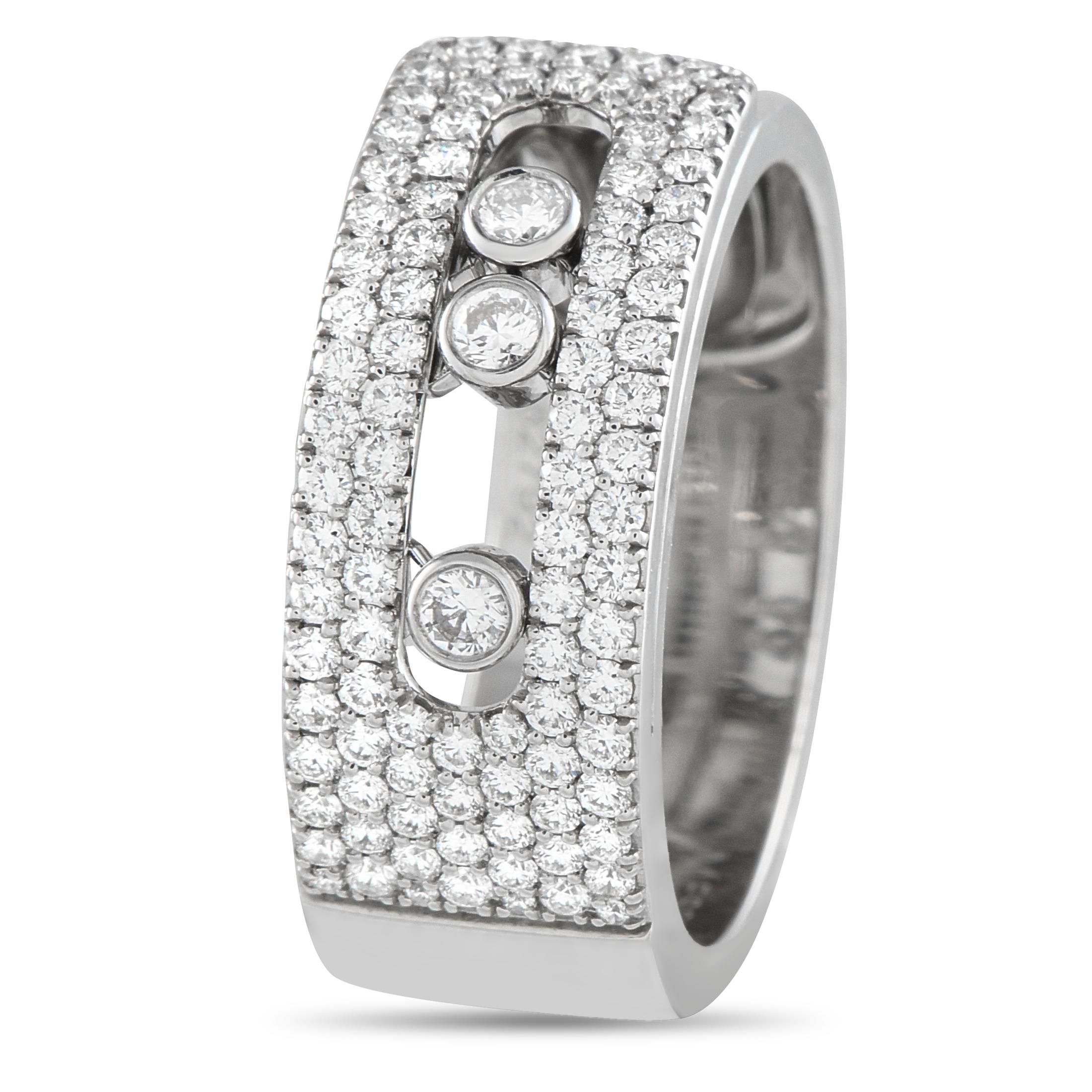 This Messika Move Noa ring is equal parts playful and sophisticated. The sleek 18K White Gold setting provides this piece with an understated aesthetic. Diamonds with a total weight of 0.73 carats  including a trio of moveable Diamonds at the center