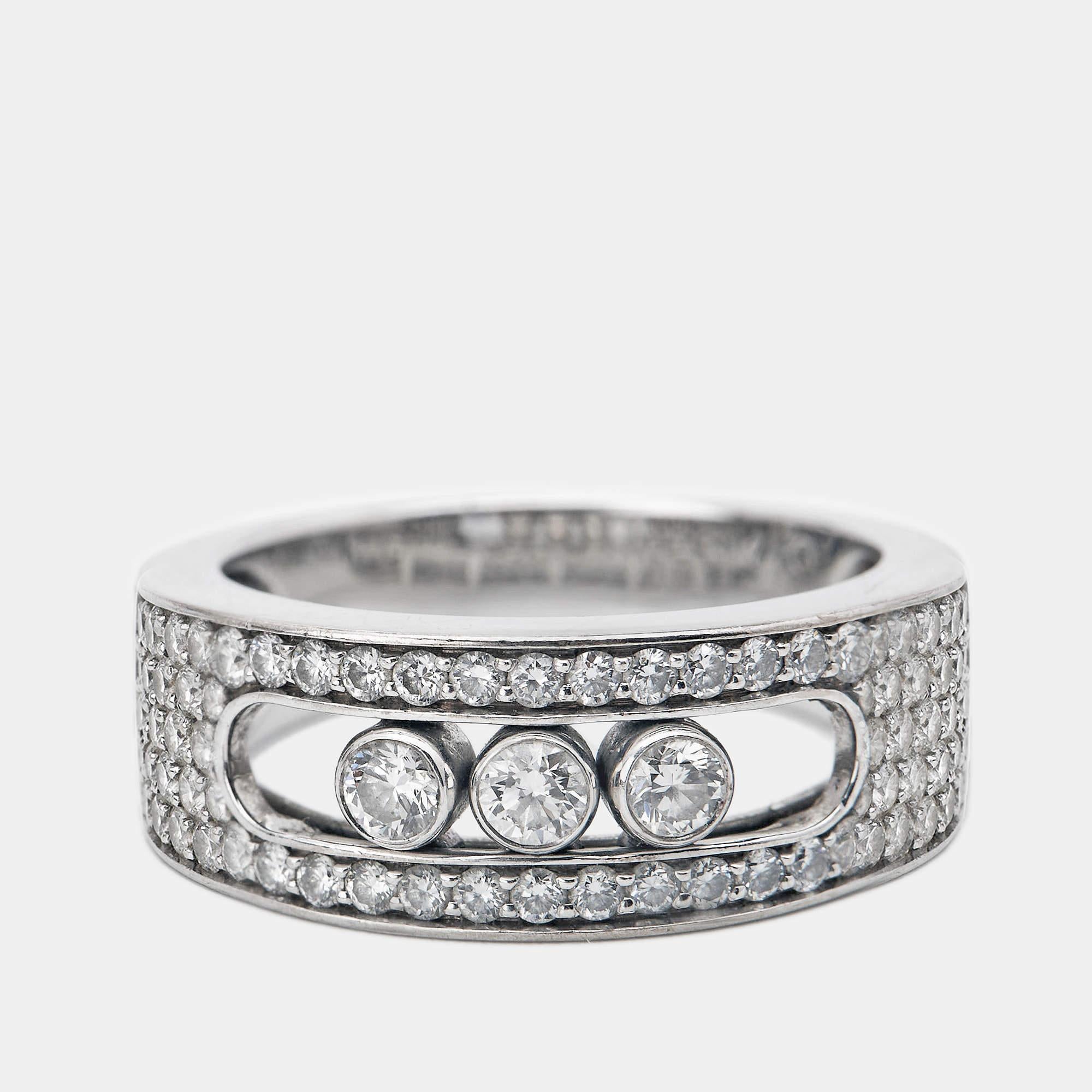 To adorn your fingers in the most elegant way, Messika Move brings you this stylish ring. It has been carved using 18k white gold and fitted with dazzling diamonds. This stunning ring will elevate your look instantly.

Includes: Original Box,