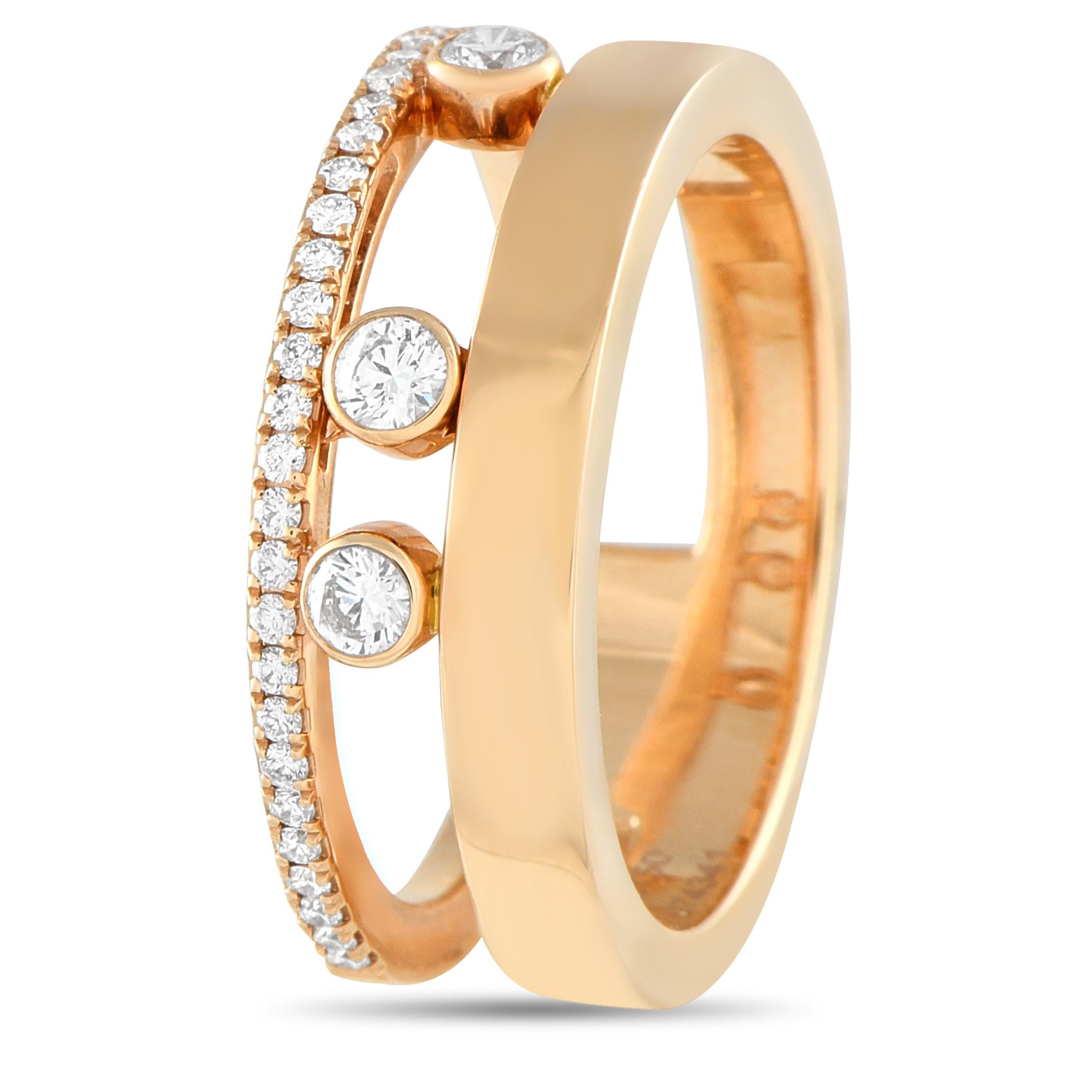 This chic Messika Move Romaine ring is a study in asymmetry. A thin band of Diamonds is offset by a sleek 18K Rose Gold ribbon, while a trio of Diamonds suspended at the center provide a delightful sense of movement. Together, they feature a total