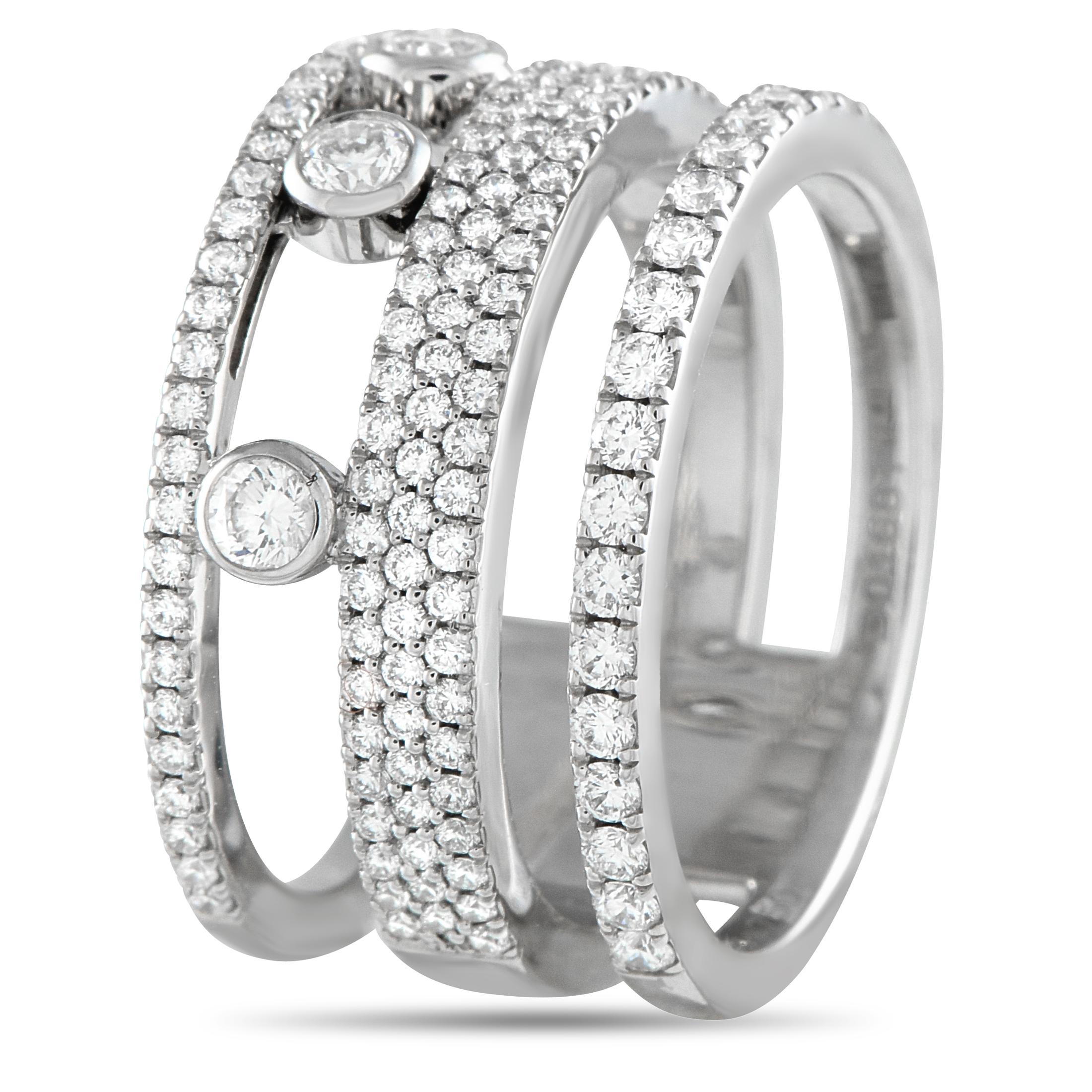 This elevated Messika Move Romaine ring features a trio of pave Diamond bands. Airy empty spaces create a stylish stacked appearance, while a trio of floating Diamonds provide a delightful sense of movement. This elegant accessory is crafted from