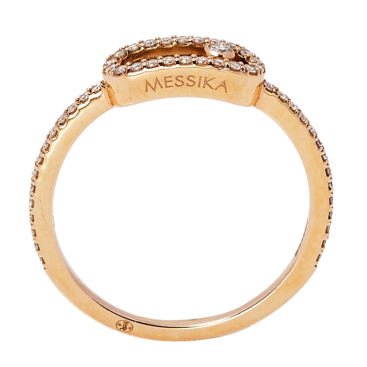 Bringing the precision of graphic designs into fine jewelry, the Move Uno collection of Messika is a subtle combination of style and elegance. This ring is designed from 18k rose gold featuring a smooth band and a diamond-outlined center cutout. As