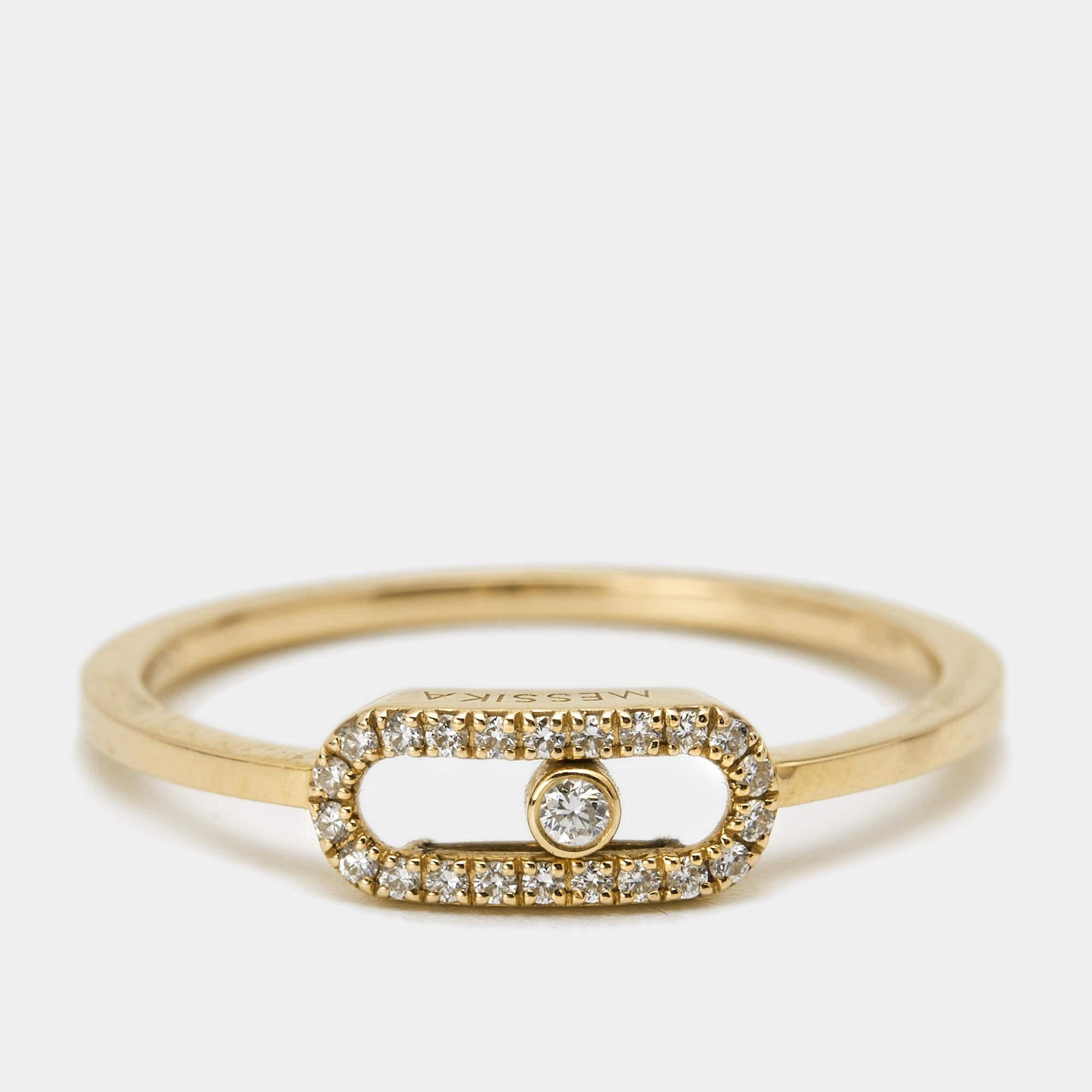 The Move collection has designs that are both wearable and timeless. This wondrous thing of beauty is handmade from 18k yellow gold with a slender band that holds a feminine diamond-encrusted cage. Within the motif, a single diamond is trapped, and