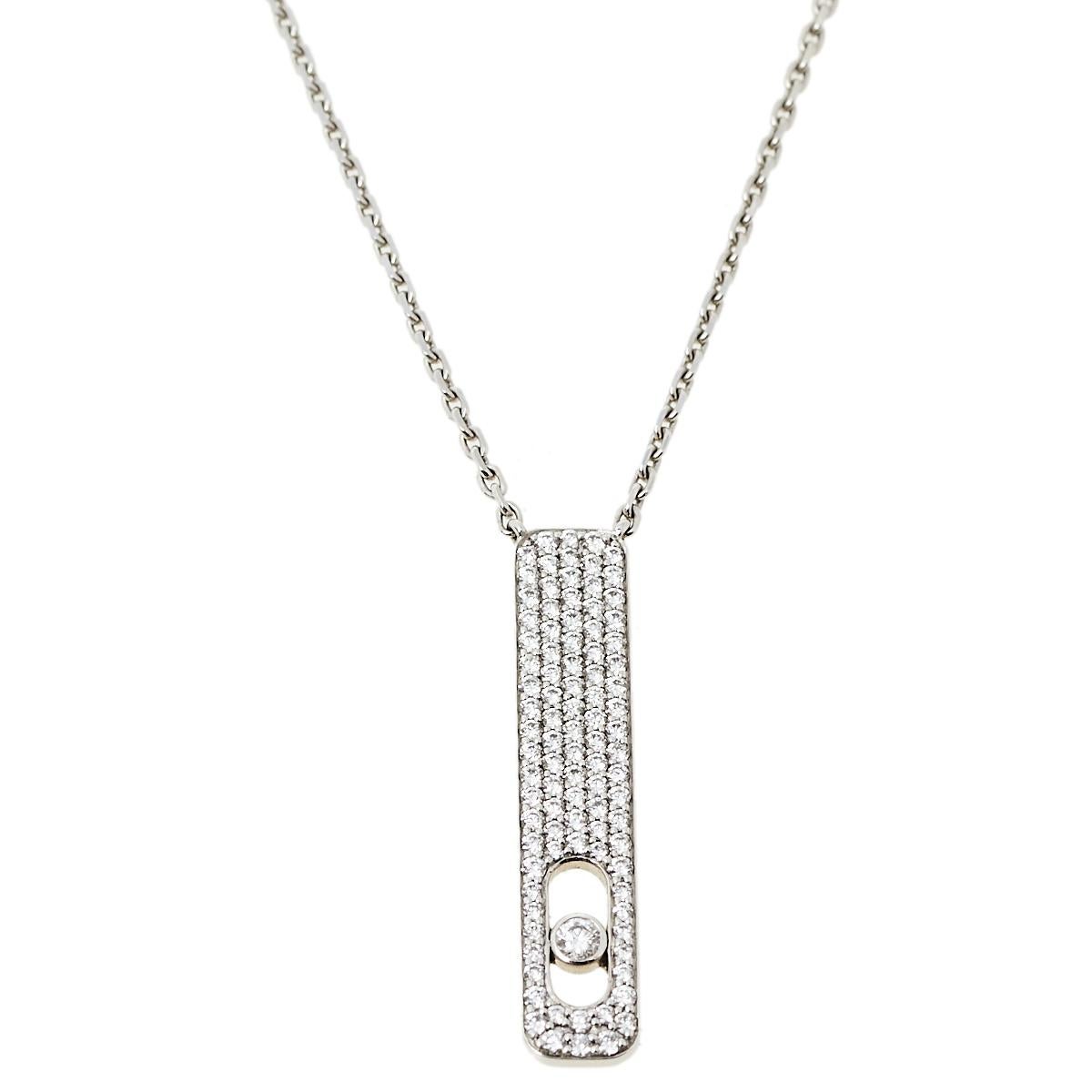 Popular with celebrities, Messika is one of Paris’ most sought-after fine jewelry makers. This 18k white gold necklace is from the ‘My First’ collection. The design involves a bar-shaped pendant pave set with diamonds and carrying a single, round