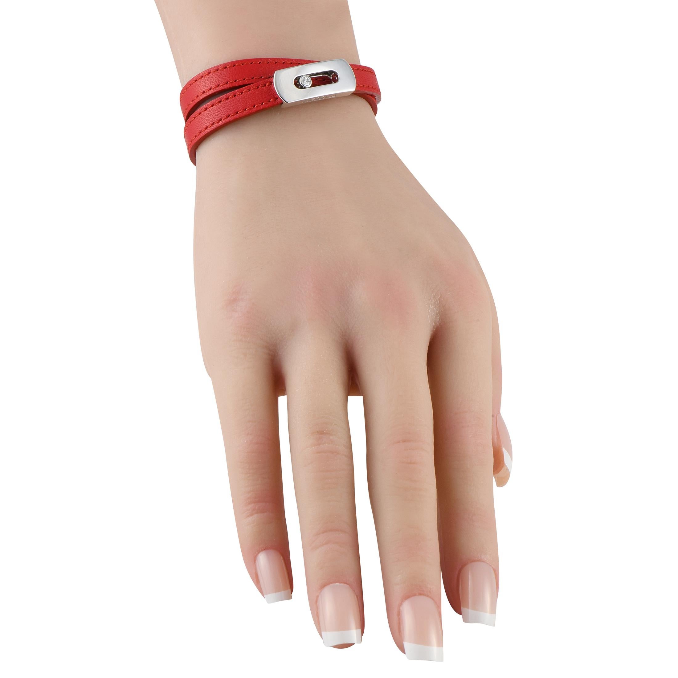 Rugged and rebellious in red, this sleek My Move leather bracelet by Messika is your ticket to the bold side of style. This piece features a 6-inch-long belt-like strap complete with a rose gold buckle. It is looped once to form a double-strap