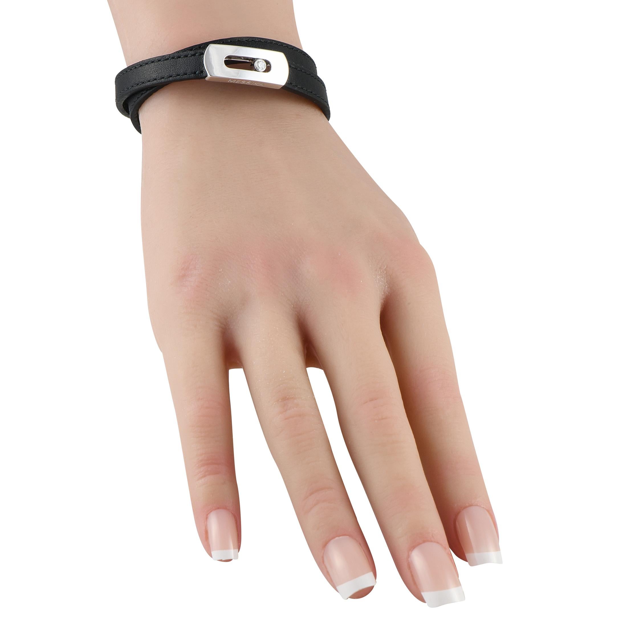 Round out a rebel chic look with Messika's My Move leather bracelet. This belt-like accessory for the wrist features a narrow leather strap in black fastened by an 18K yellow gold tang buckle. The bracelet is meant to be looped once for a stacked,