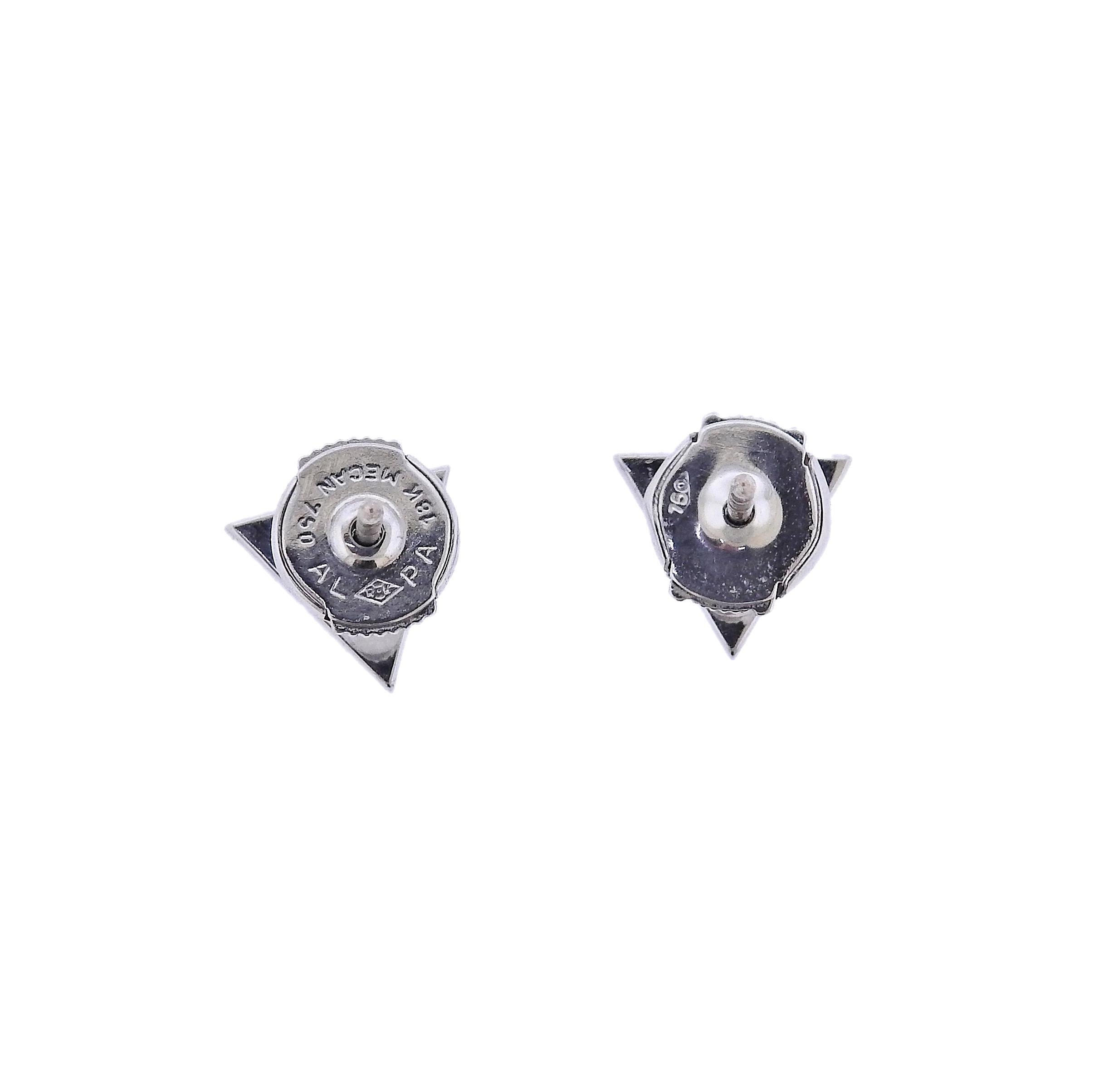 18k white gold Thea collection stud earrings by Messika, set with 0.28ctw G/VS diamonds. Retail Value $2600. Store sample, box. Earrings are 9mm x 9mm , weight 2.3 grams. Marked: Messika, 750, D 0.28 .