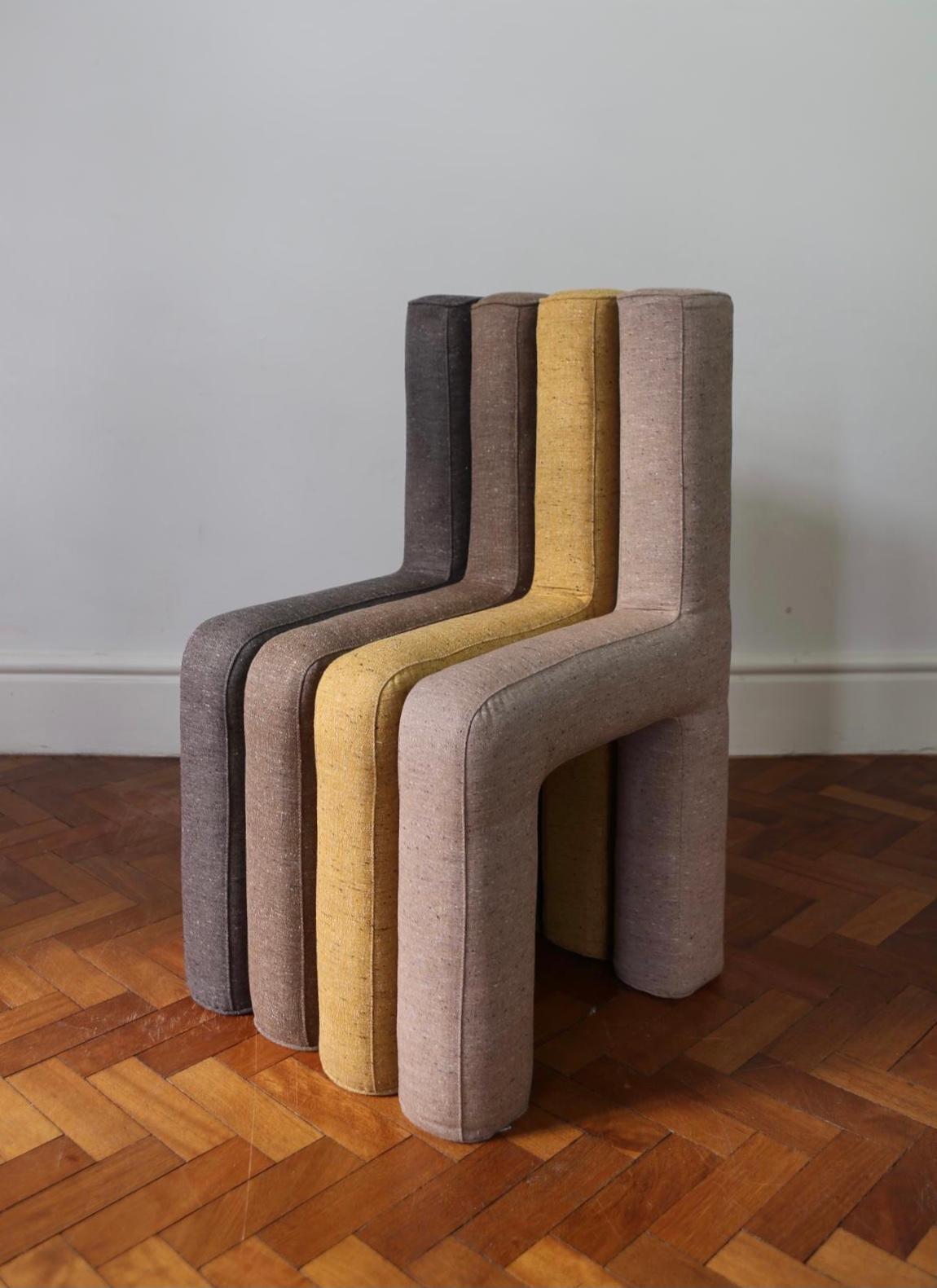 Meta Chair by Jaclyn Pappalardo
Dimensions: W 46 x D 51 x H 88 cm
Materials: Pinewood, upholstery foam, Bute merino wool. 

Jaclyn is a designer and maker based in London. Her background in set design informs her creative work as a designer. Colour