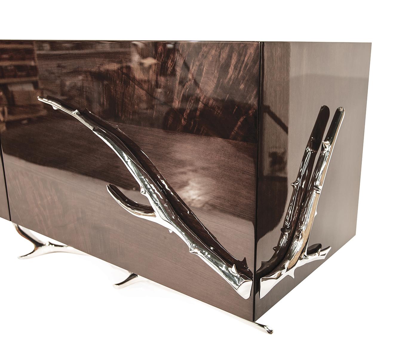 Modern Meta Credenza:  Piano Black Lacquer Cradled by Cast Polished Bronze Branches For Sale