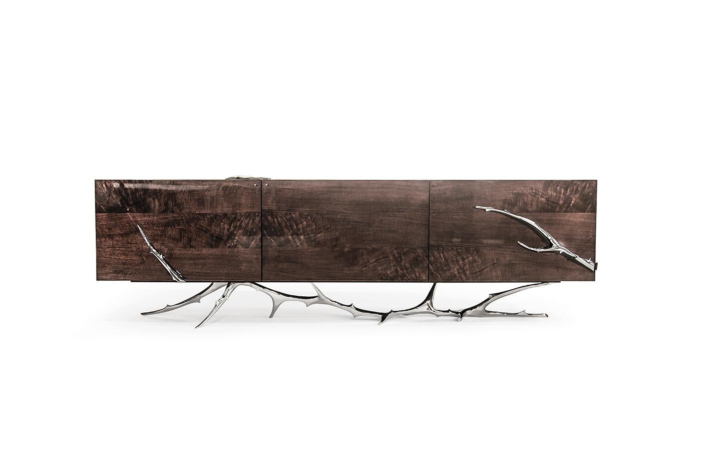 European Meta Credenza:  Piano Black Lacquer Cradled by Cast Polished Bronze Branches For Sale