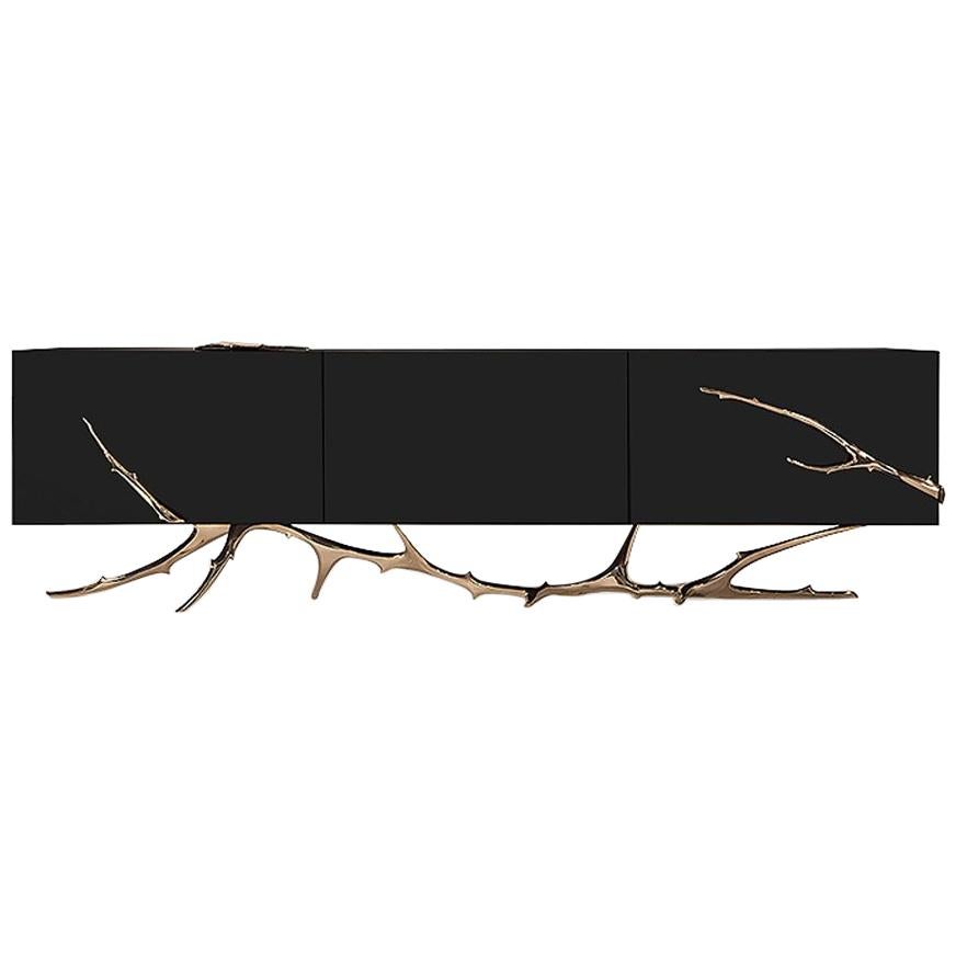 Meta Credenza:  Piano Black Lacquer Cradled by Cast Polished Bronze Branches