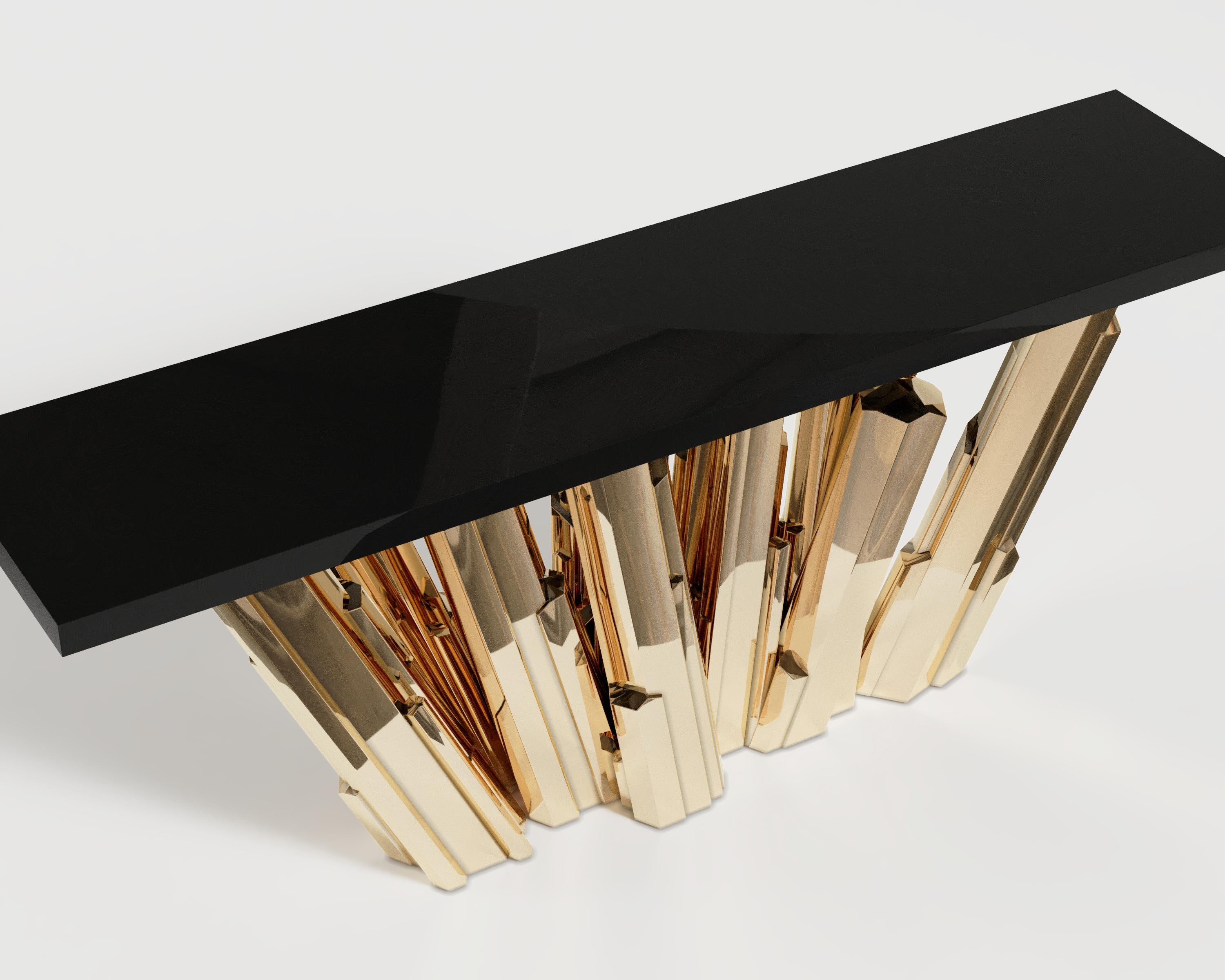 Brushed MetaCrystal Console Table in Sculptural Cast Bronze by Palena Furniture For Sale