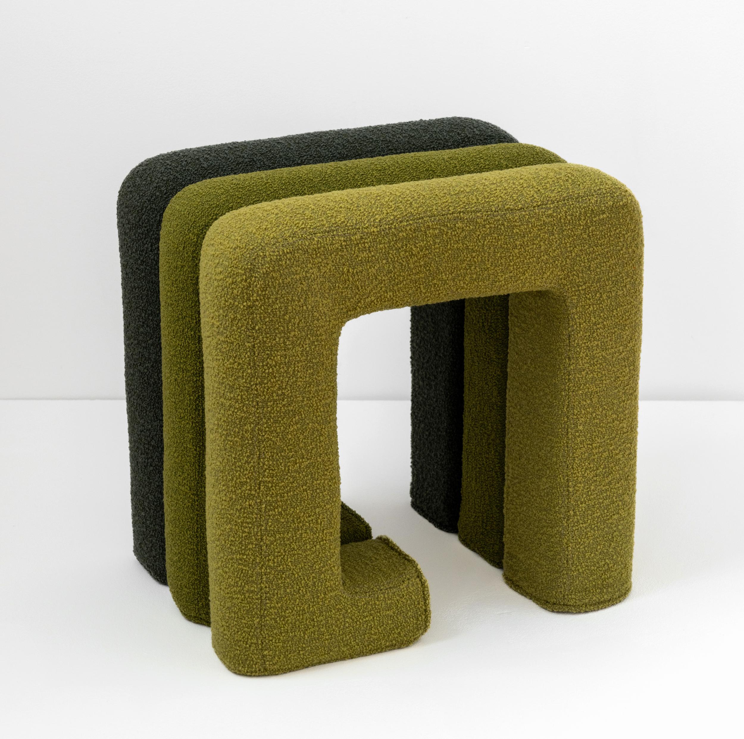 Meta Stool 3-Legged by Jaclyn Pappalardo
Dimensions: W 47 x D 36 x H 49 cm
Materials: Pine wood, upholstery foam and bouclè wool fabric. 

Jaclyn is a designer and maker based in London. Her background in set design informs her creative work as a