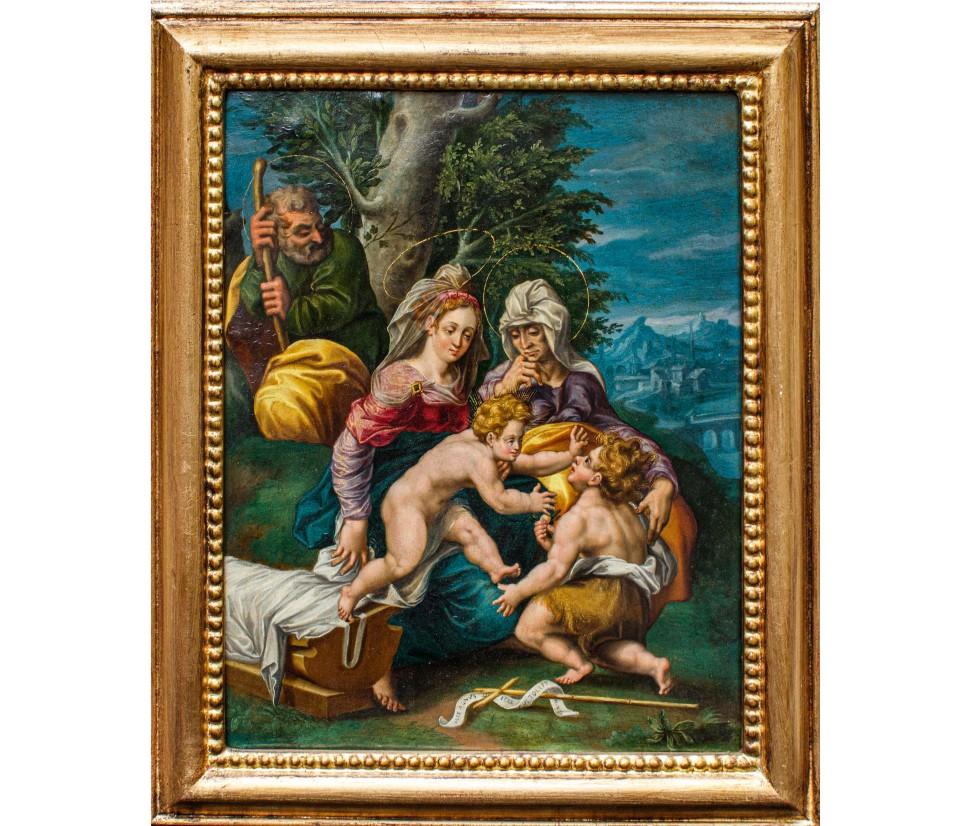 Metà XVII secolo, Scuola rubensiana

Sacra Famiglia con San Giovannino e Elisabetta

Olio su rame, cm 36,3 x 29,5

Con cornice, cm 47 x 38

La consistenza vetrosa, glaciale nella durezza delle superfici, identifica nel presente dipinto il fascino