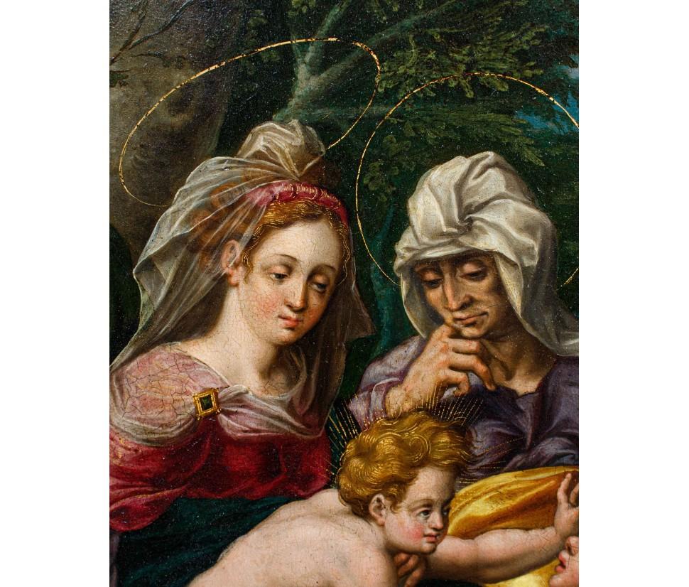 Belgian Metà XVII secolo, Scuola rubensiana, Sacra Famiglia con San Giovannino in vendita