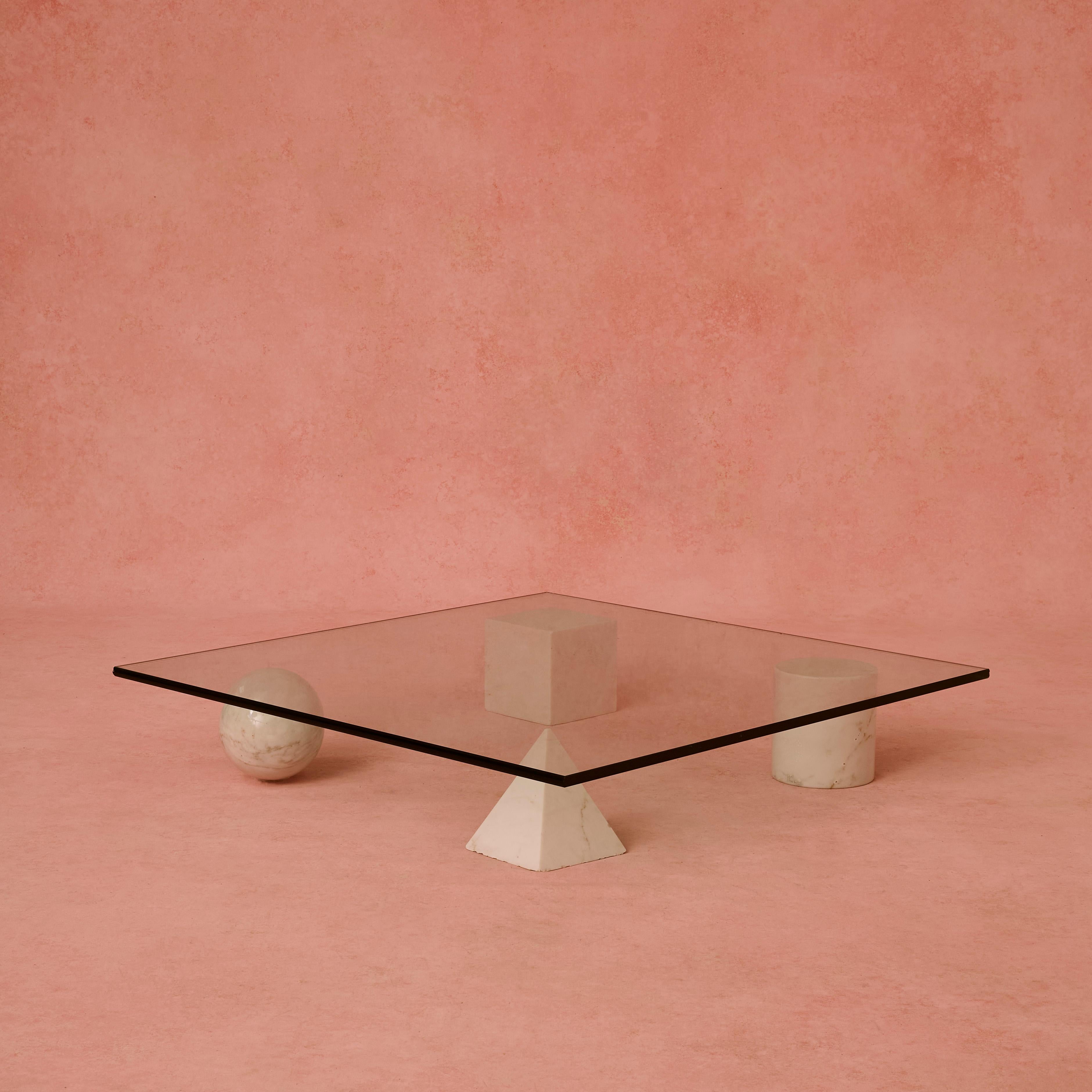 Massimo & Lella Vignelli, 'Metafora' coffee table, Casigliani, Italy, 1970s
The four forms of the geometry, the cube, the cylinder, the sphere and the pyramid, made of white marble, represent the basis of the table finished with a heavy top sheet