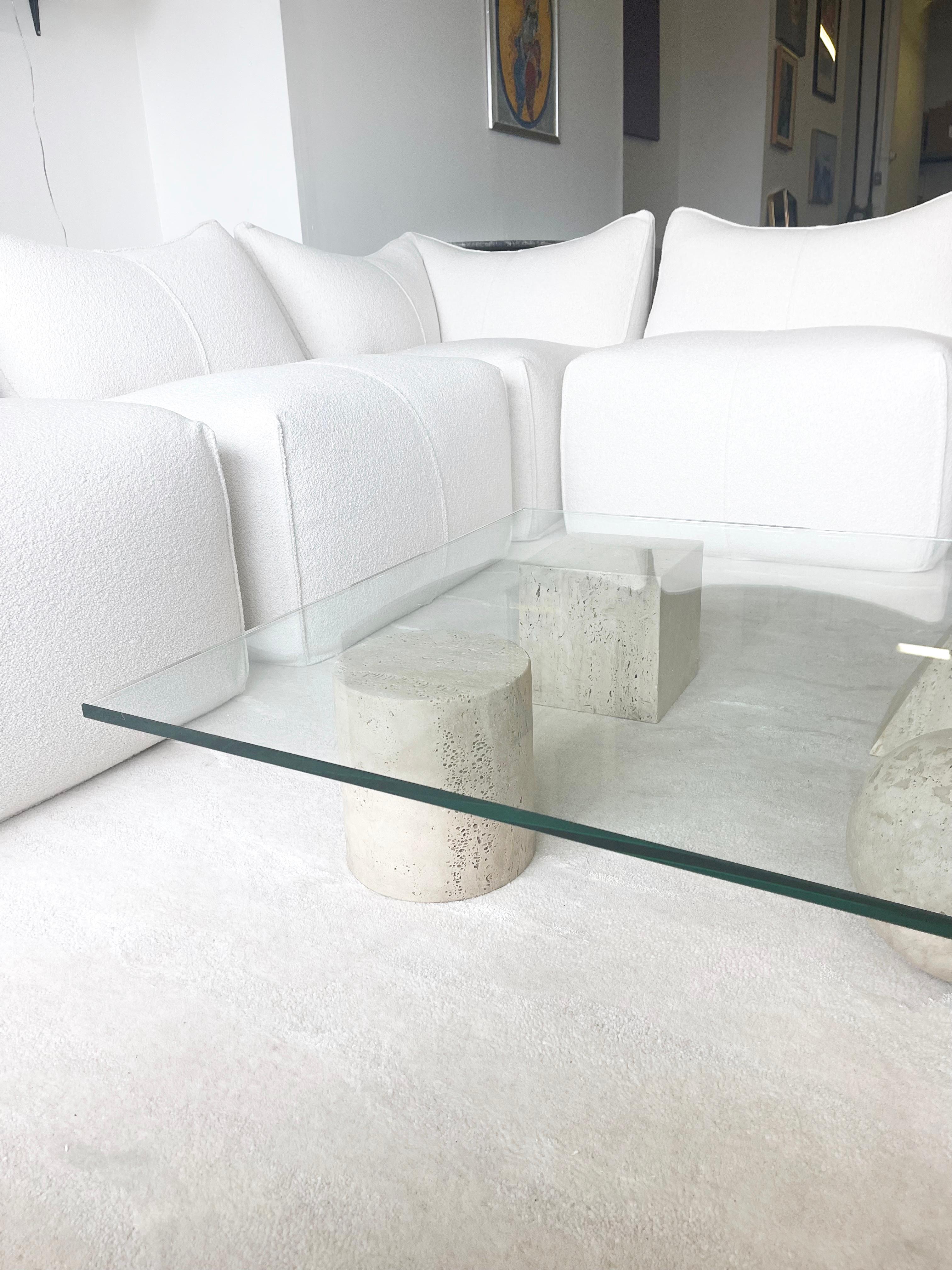 Metafora Travertine and Glass Square Coffee Table by Lella and Massimo Vignelli 1