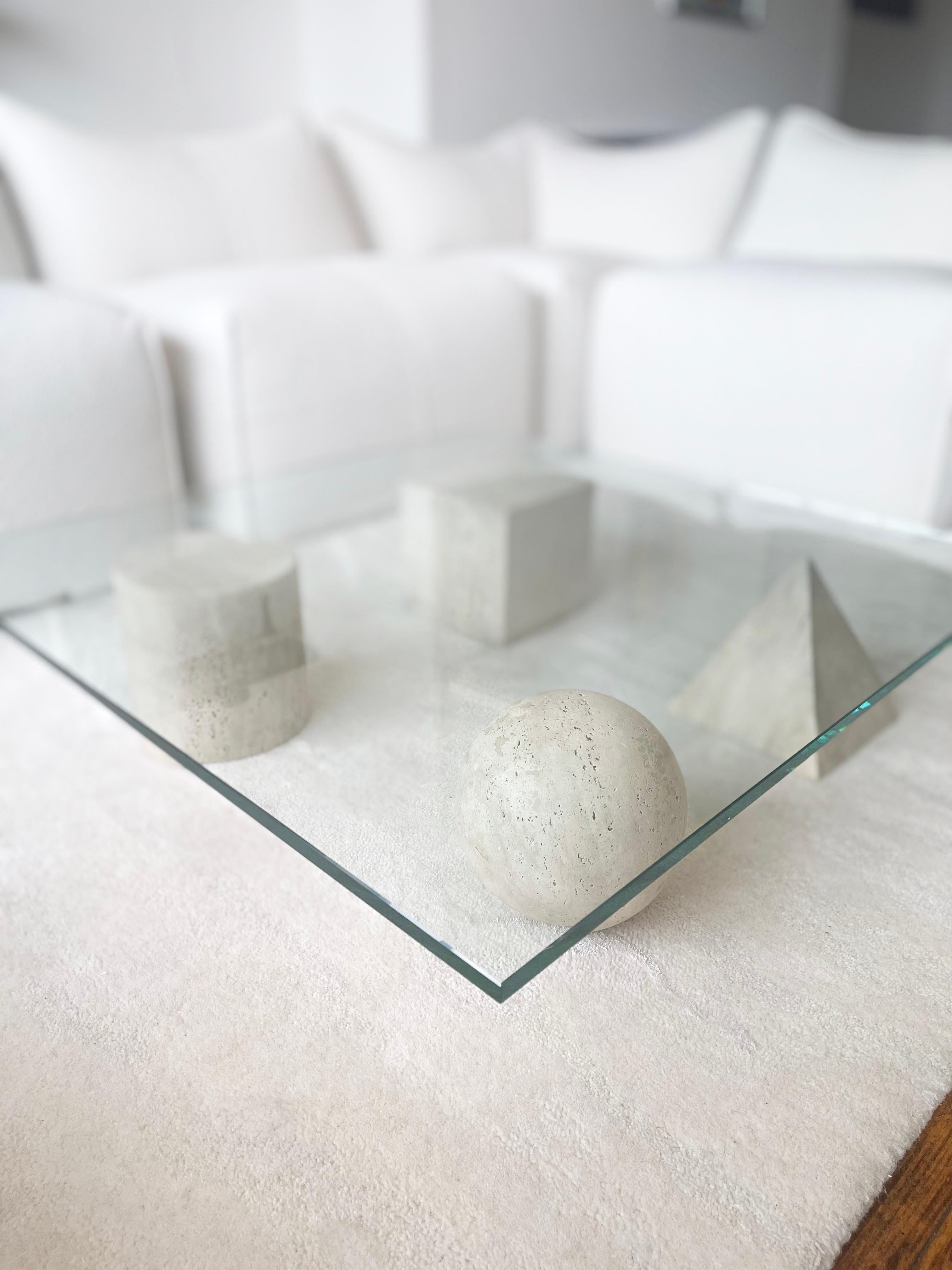 Metafora Travertine and Glass Square Coffee Table by Lella and Massimo Vignelli 2