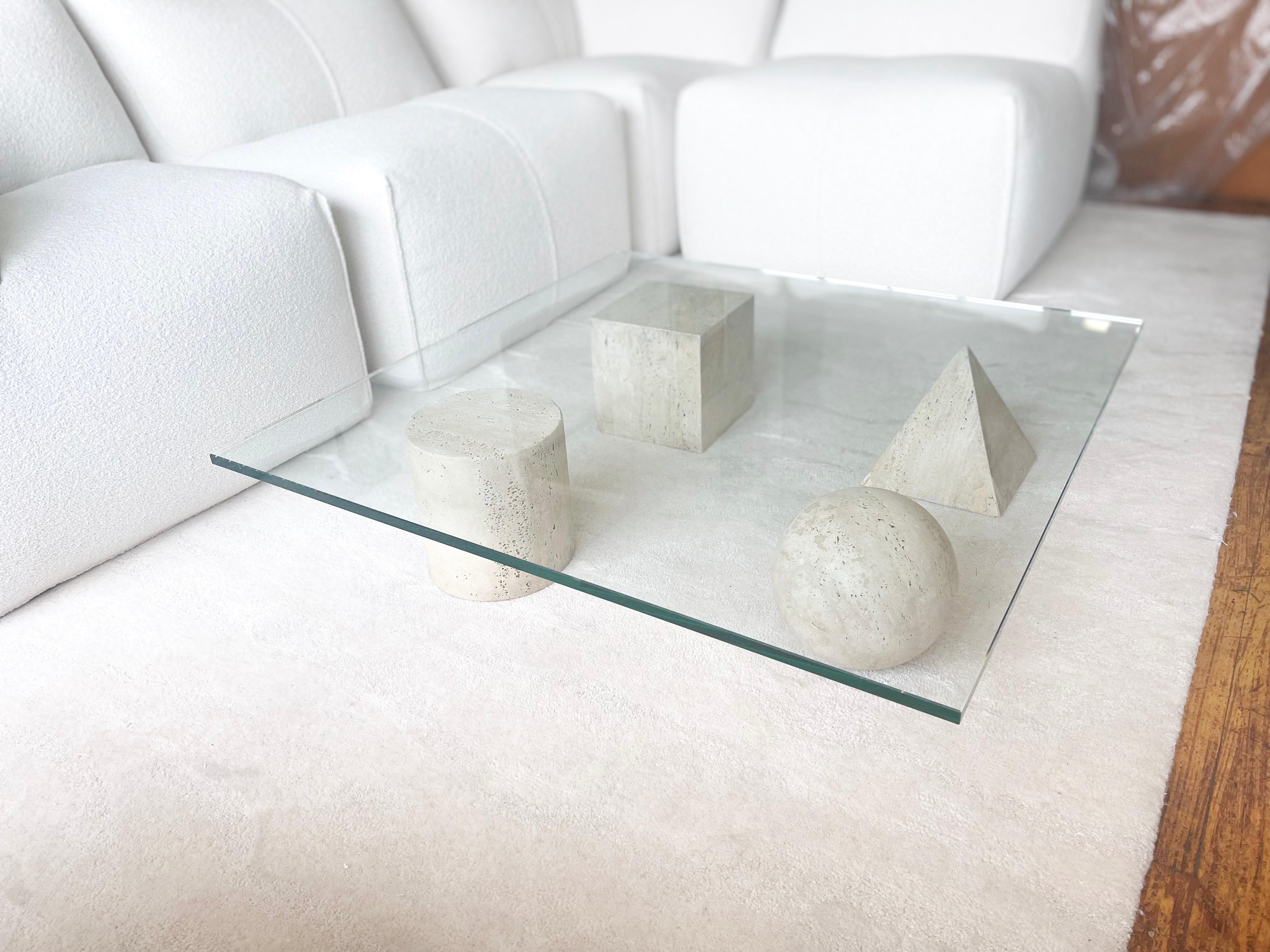 Metafora Travertine and Glass Square Coffee Table by Lella and Massimo Vignelli 5