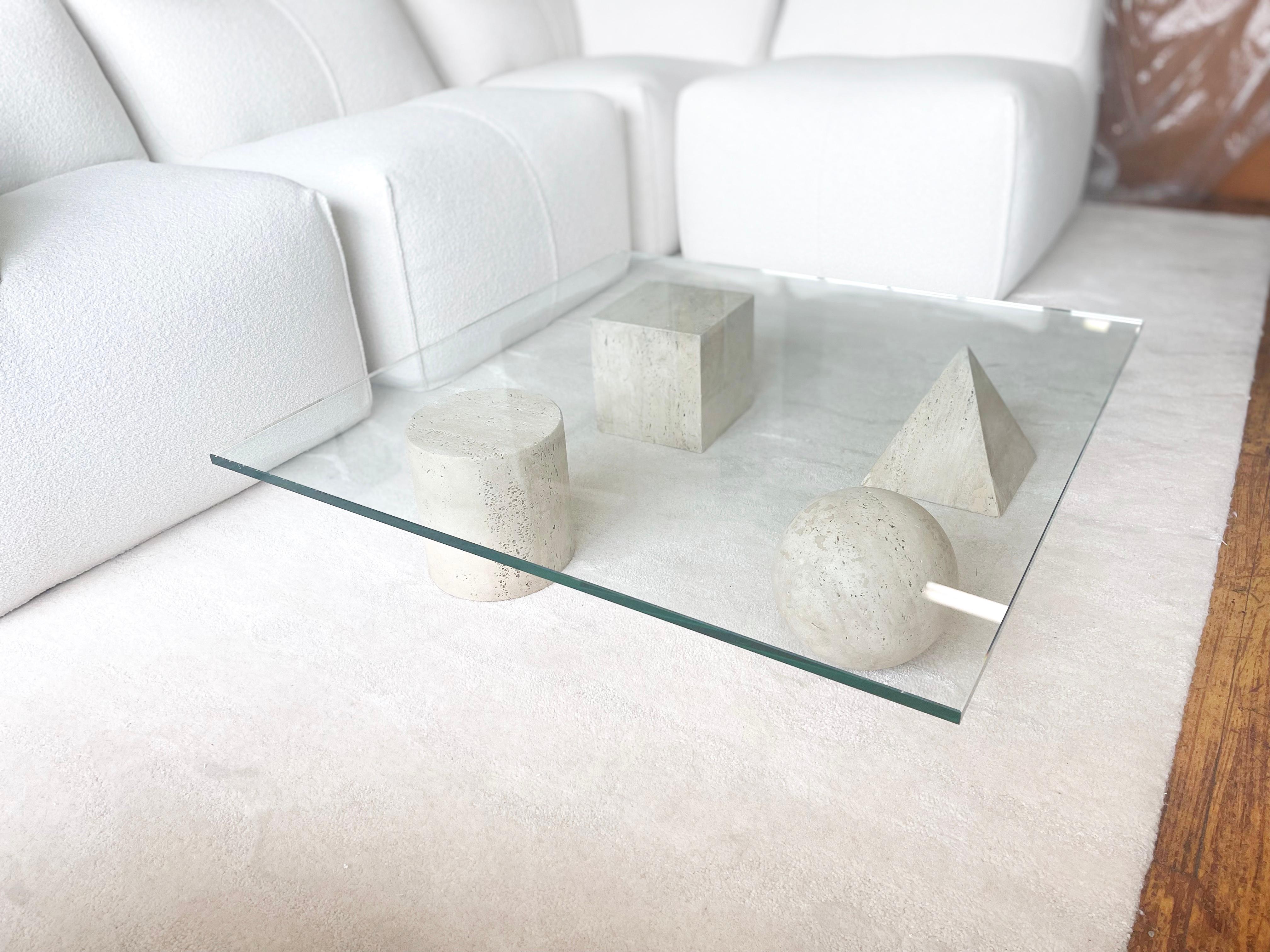 Italian Metafora Travertine and Glass Square Coffee Table by Lella and Massimo Vignelli