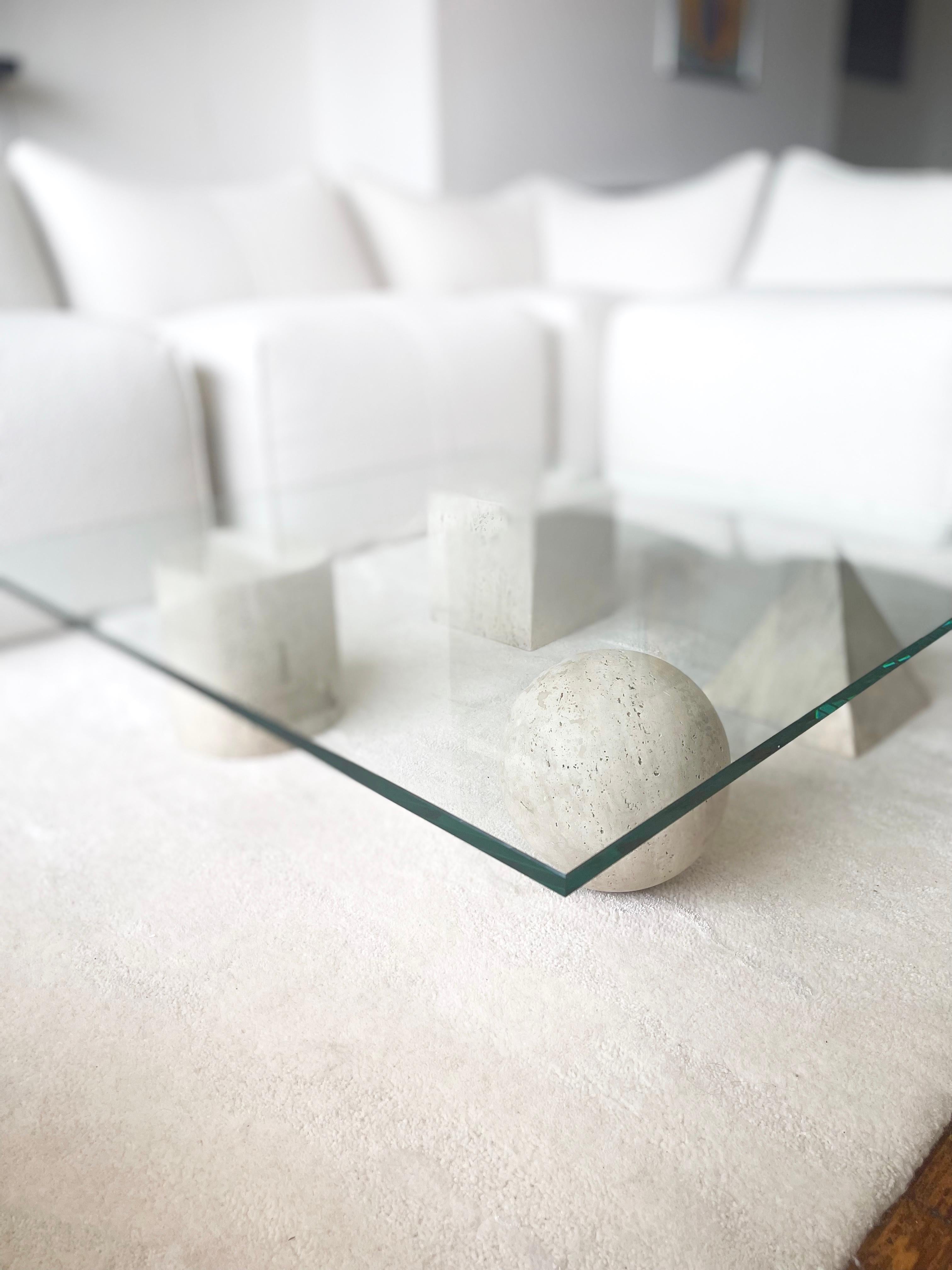 20th Century Metafora Travertine and Glass Square Coffee Table by Lella and Massimo Vignelli