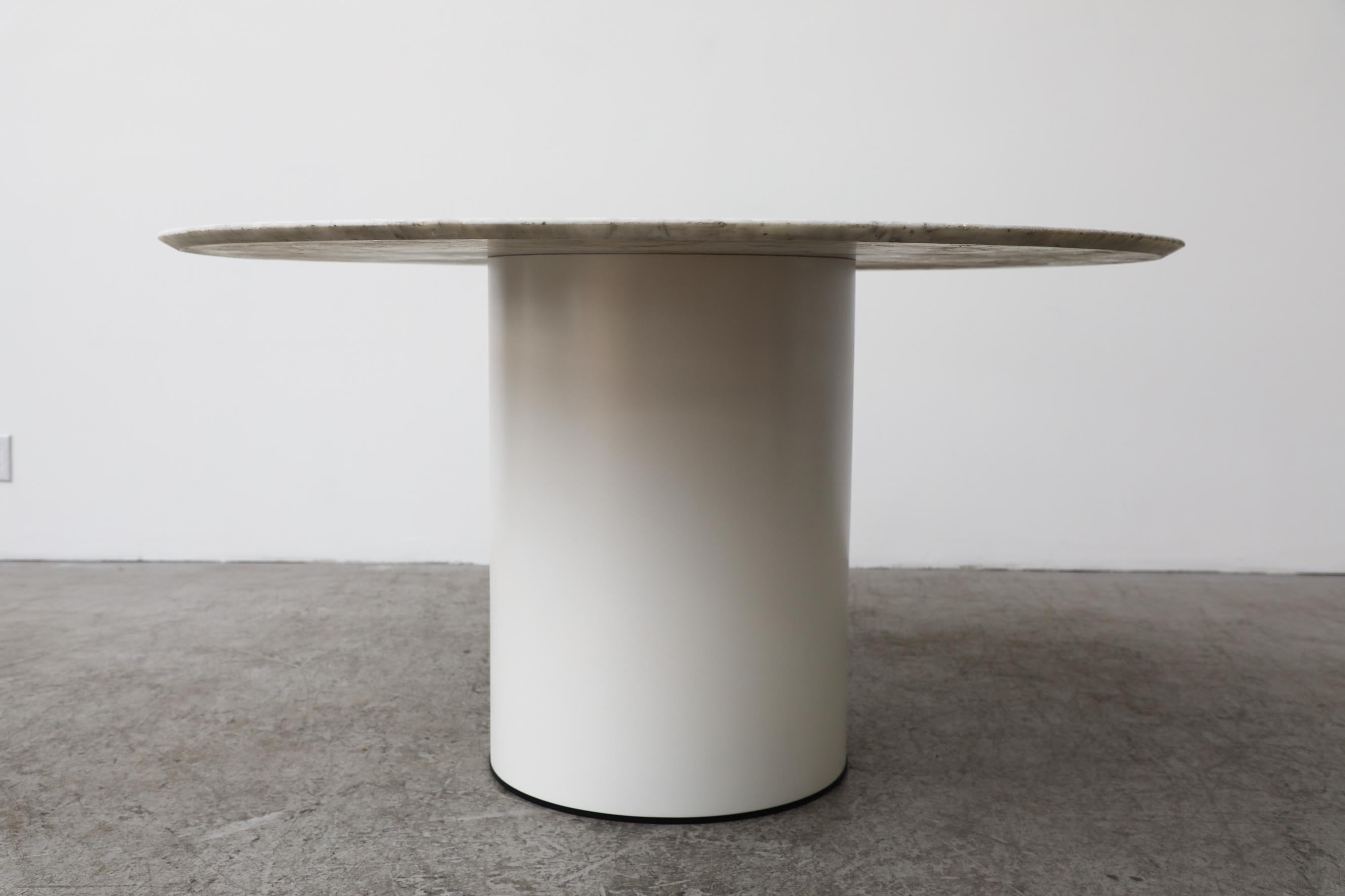Metaform Round Carrara Marble Table with White Enameled Metal Pedestal Base For Sale 5