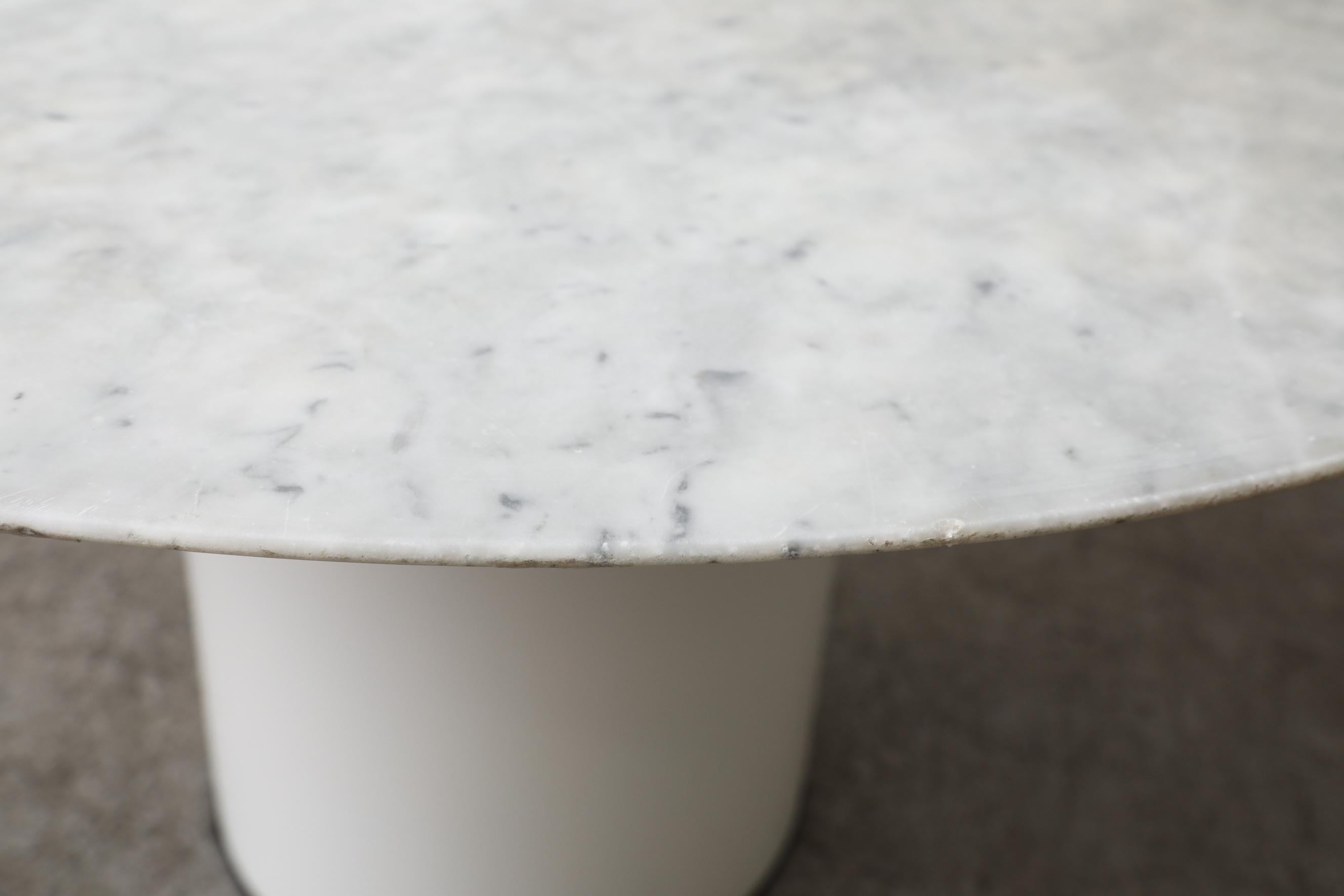 Metaform Round Carrara Marble Table with White Enameled Metal Pedestal Base For Sale 6