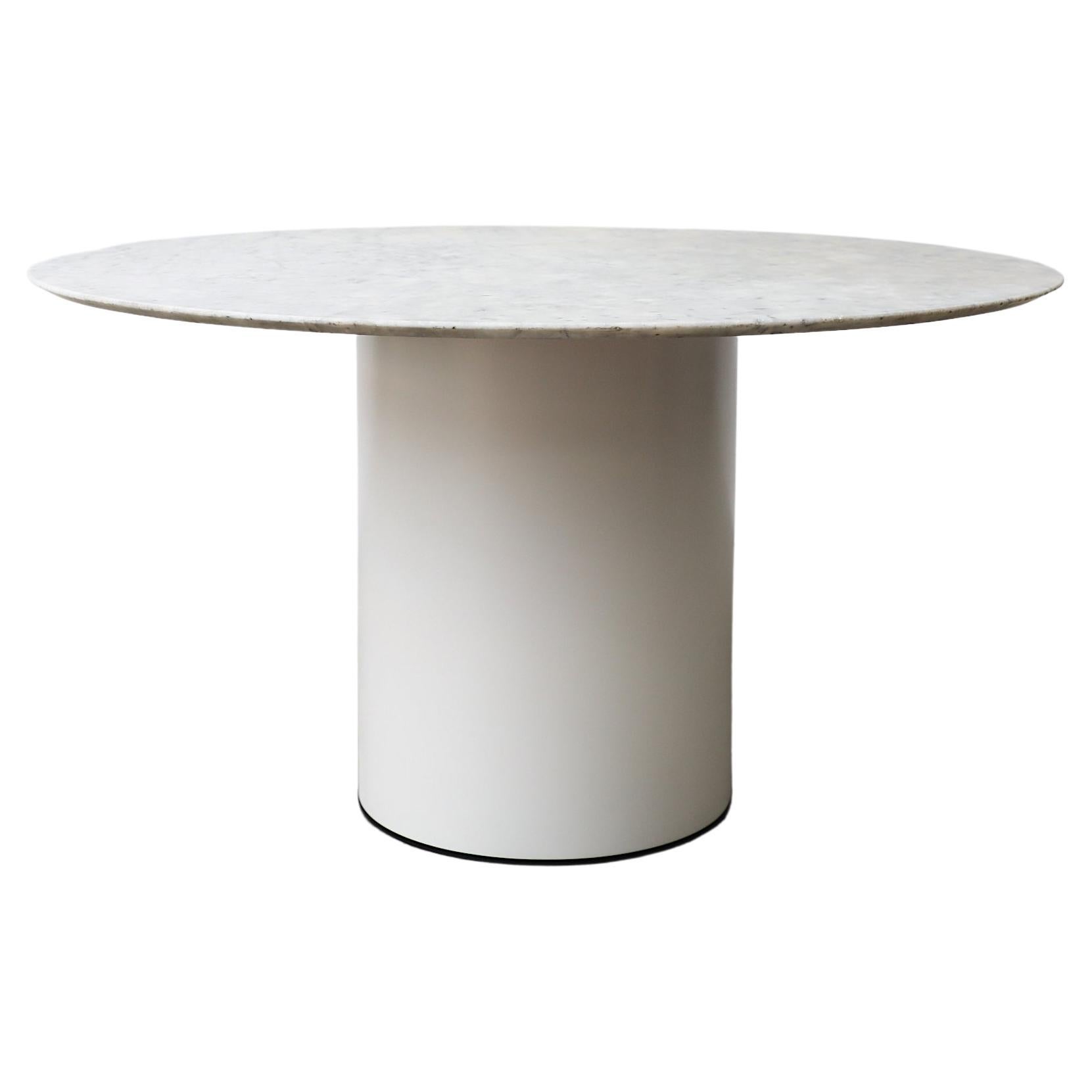 Metaform Round Carrara Marble Table with White Enameled Metal Pedestal Base For Sale
