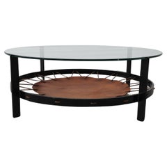 Table basse moderniste en fer plat, cuir et verre