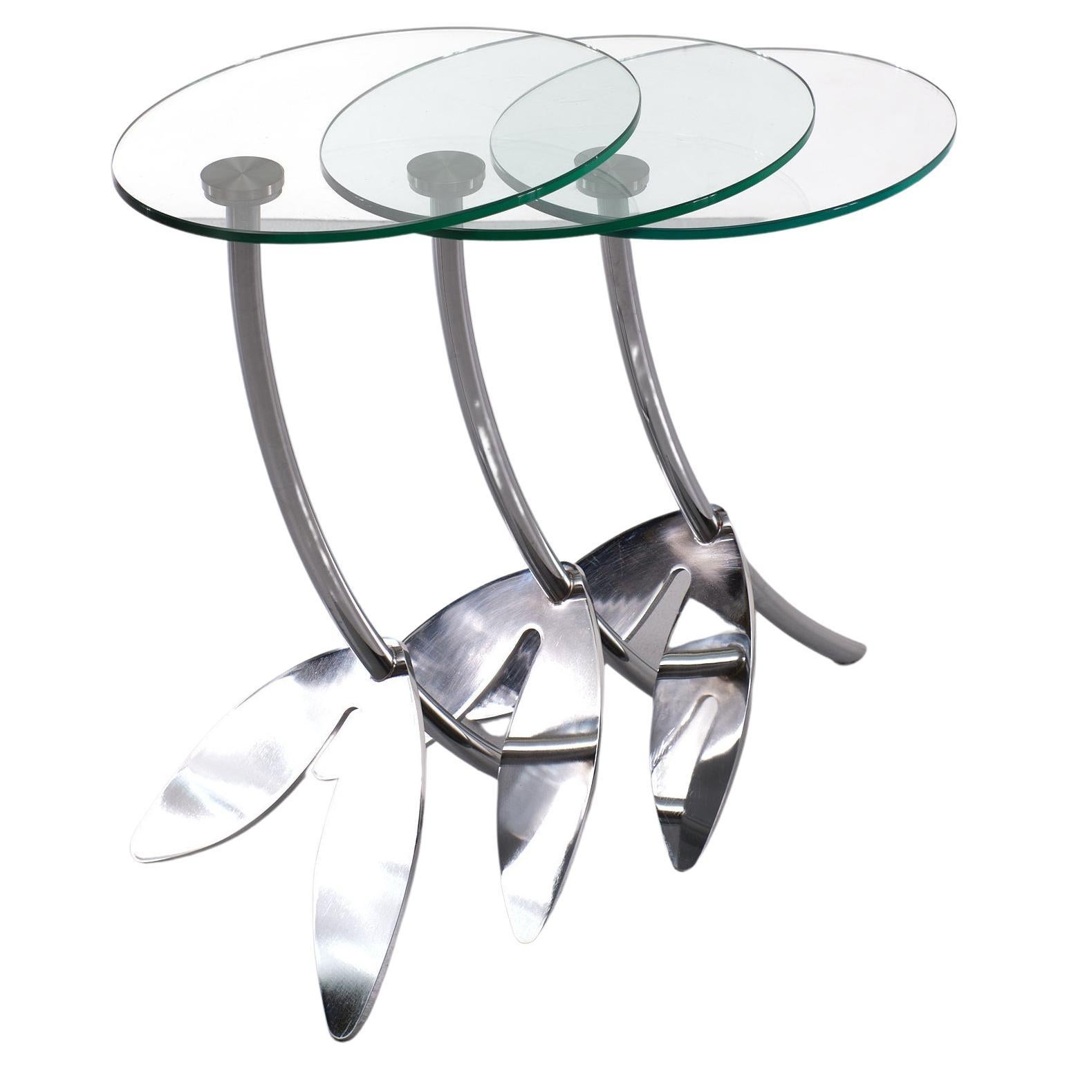 Superb set of Nesting tables Made by Dutch quality firm Metaform Design by Thomas Althaus Model ''Papillon '' Oval Clear hardened glass top comes with a chrome on Steel frame Beautiful organic shape.
LH 68 cm W 43 cm D 31 cm, MH 62 cm, W43 cm, D 31