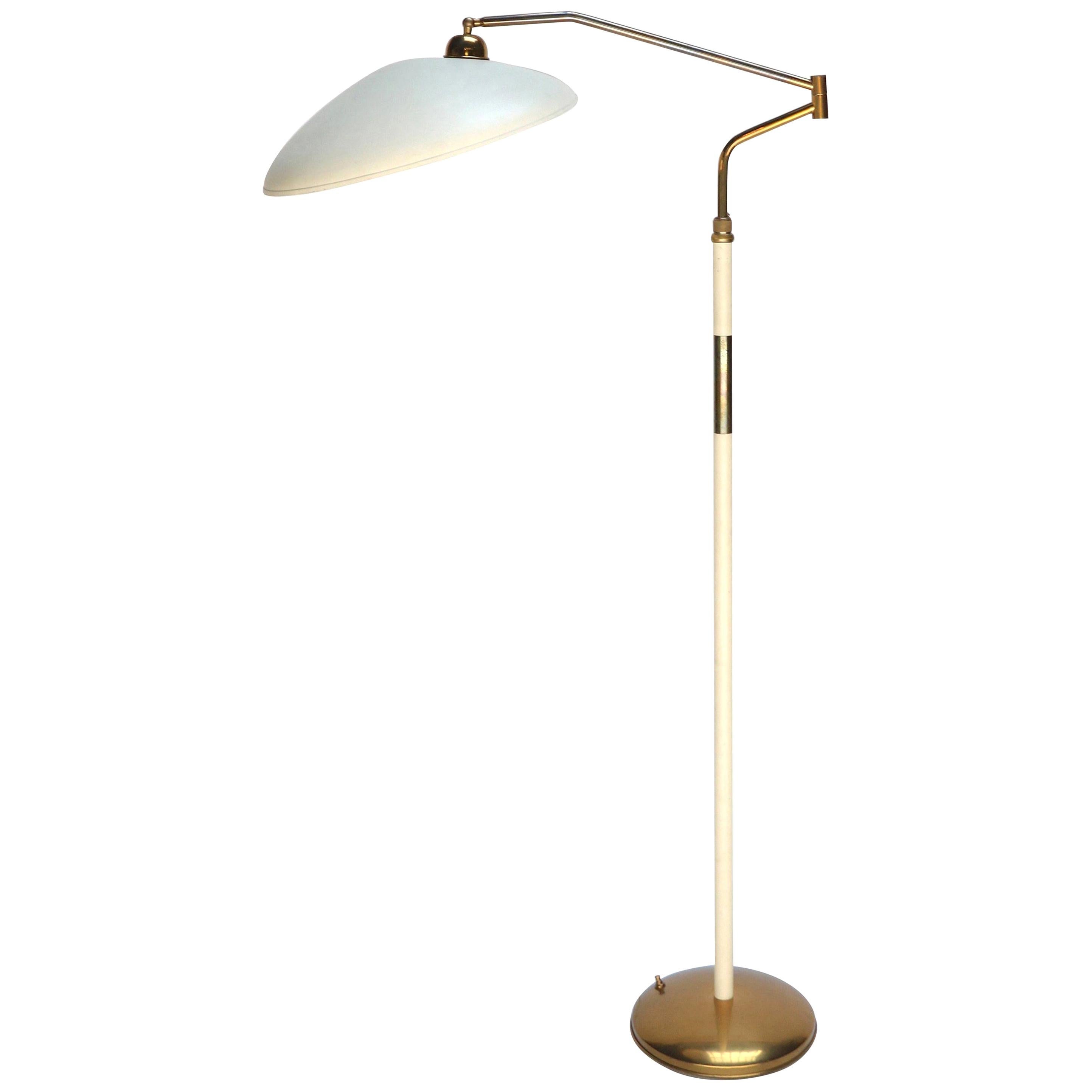 Metal and Brass 1960s White or Ivory Floor Lamp in the Style of Stilnovo