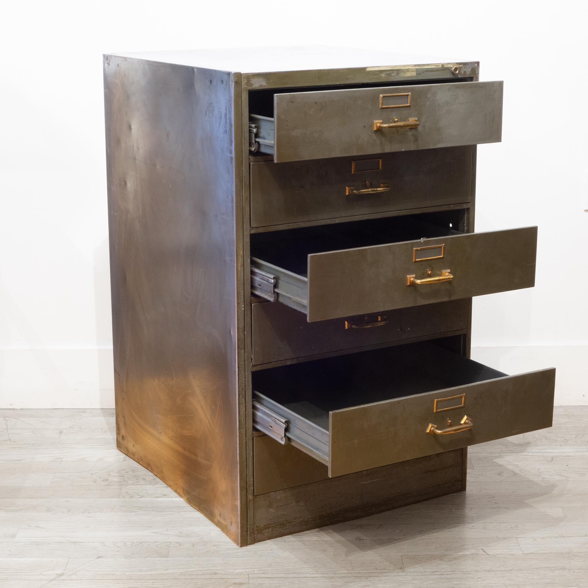 Industrial Metal and Brass Six Drawer File Cabinet, c.1940-1950