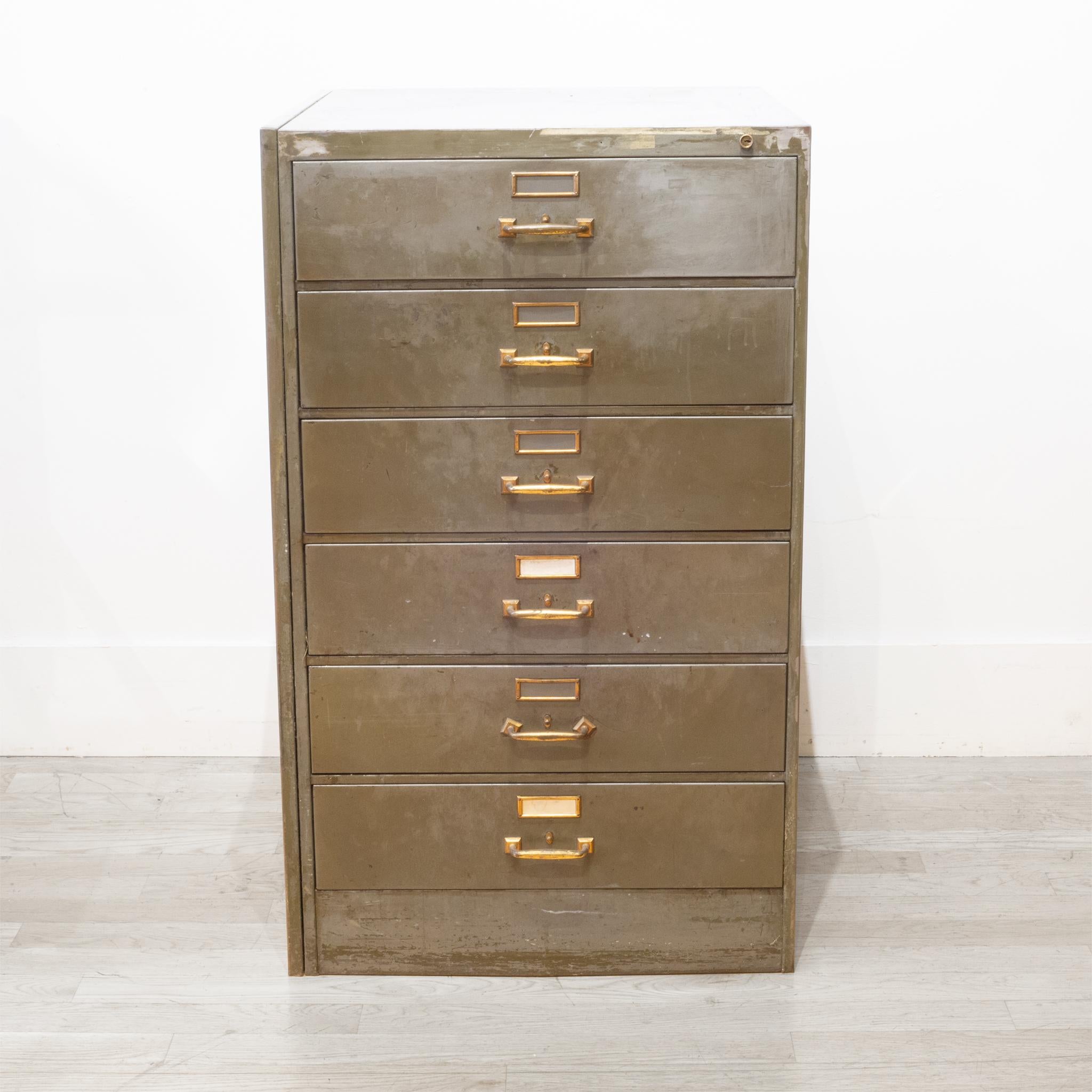 Metal and Brass Six Drawer File Cabinet, c.1940-1950 In Good Condition In San Francisco, CA