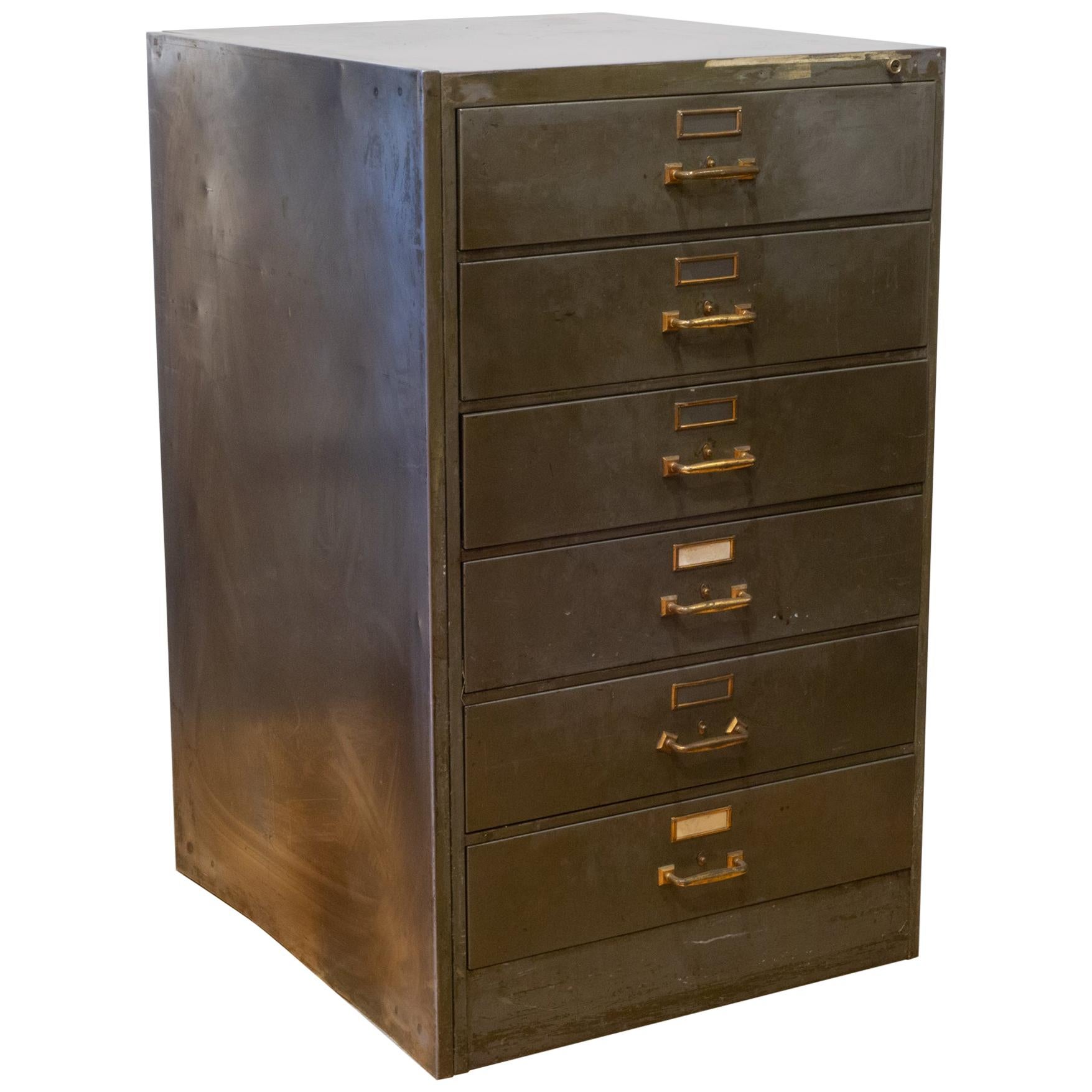 Metal and Brass Six Drawer File Cabinet, c.1940-1950