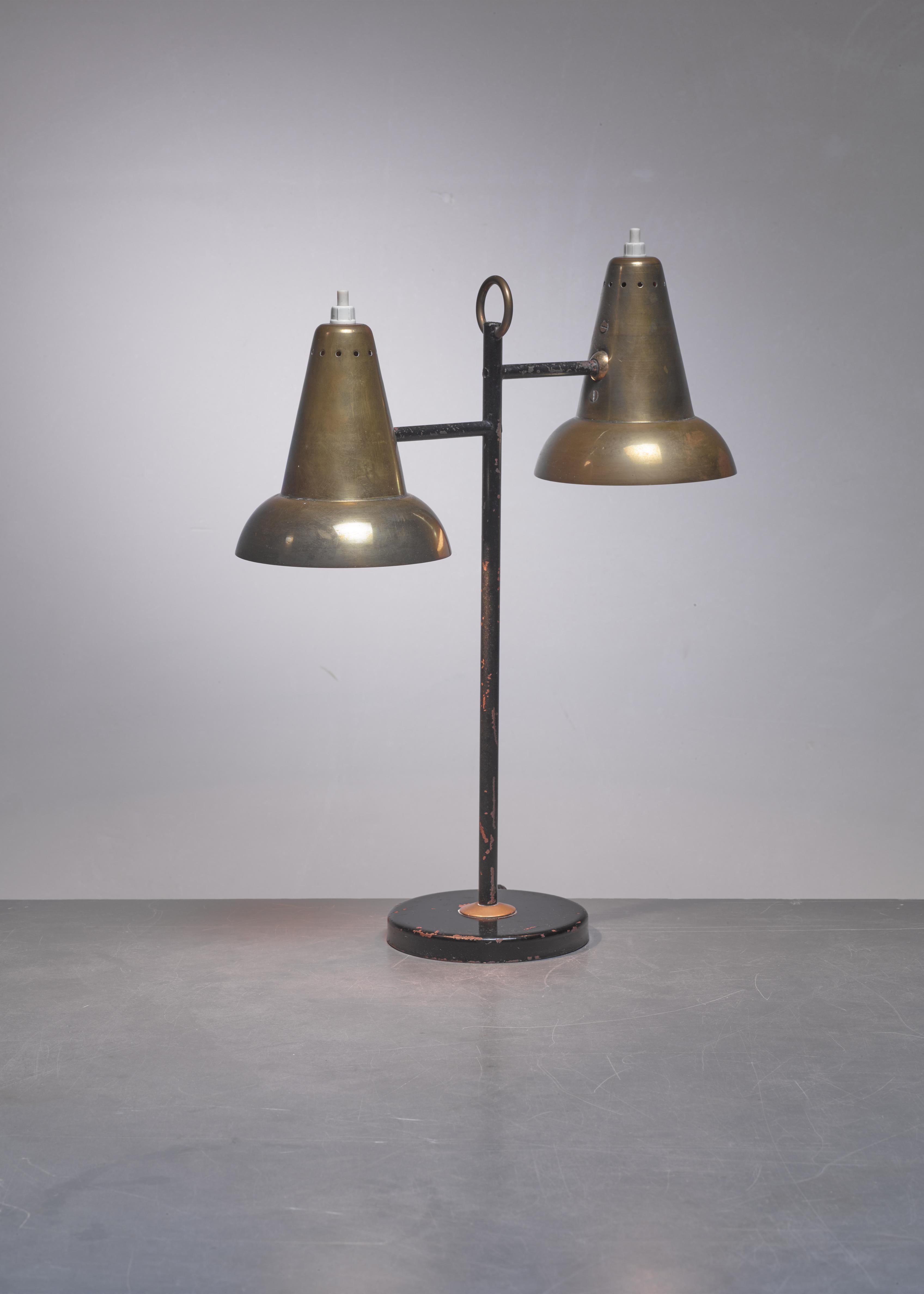 Mid-Century Modern Metal and Brass Table Lamps with Two Hoods, France, 1950s For Sale