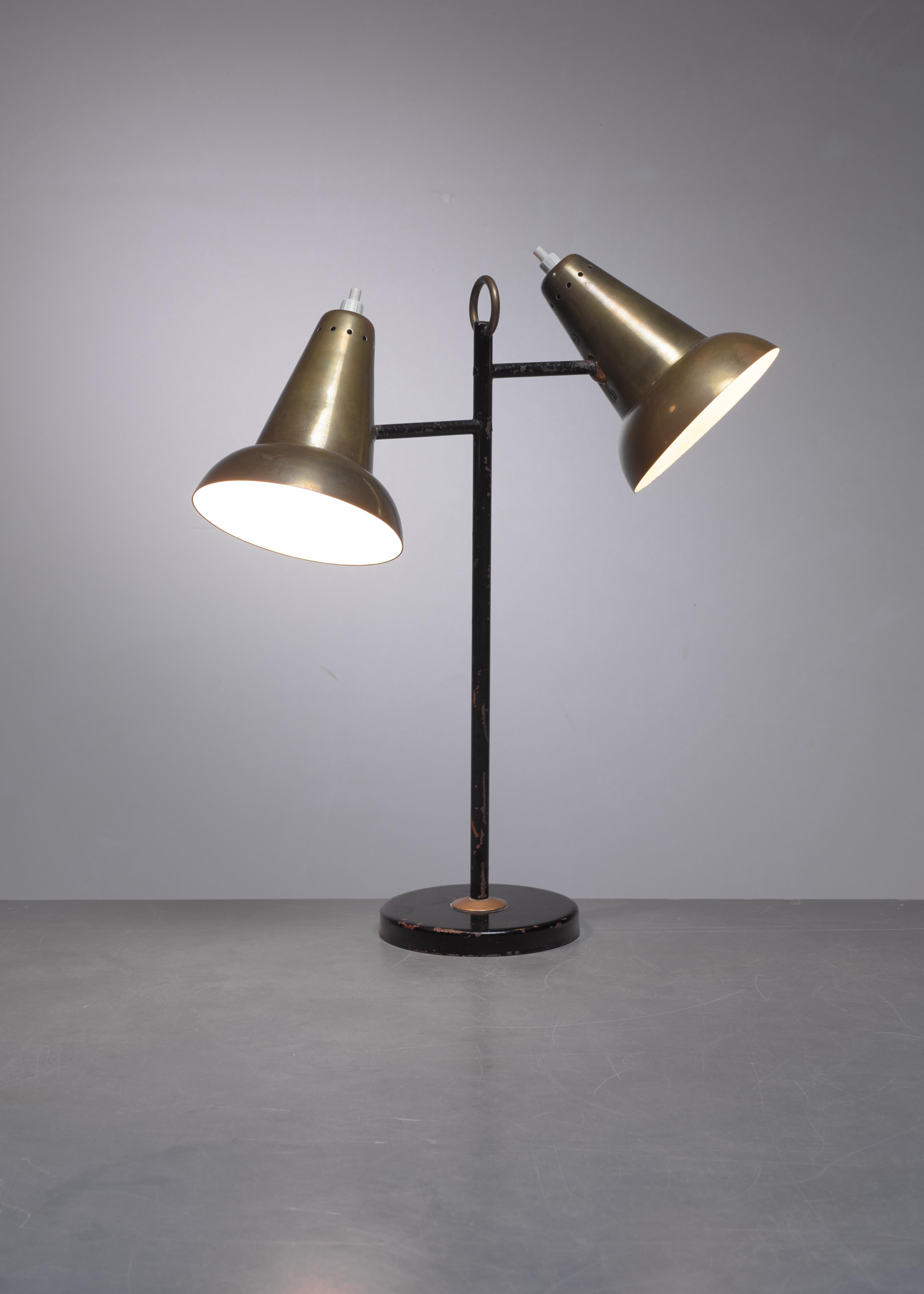 French Metal and Brass Table Lamps with Two Hoods, France, 1950s For Sale