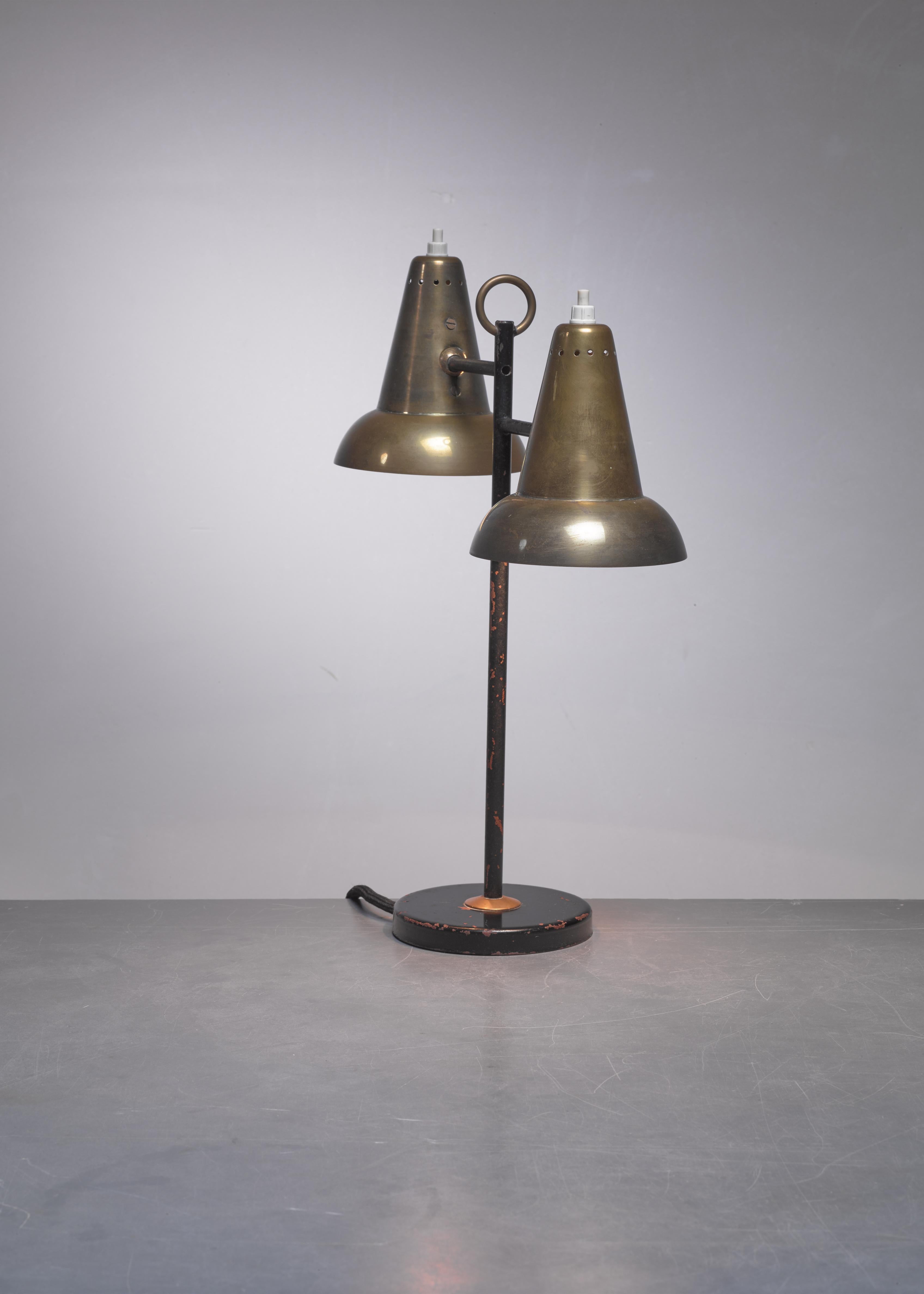 Lacquered Metal and Brass Table Lamps with Two Hoods, France, 1950s For Sale