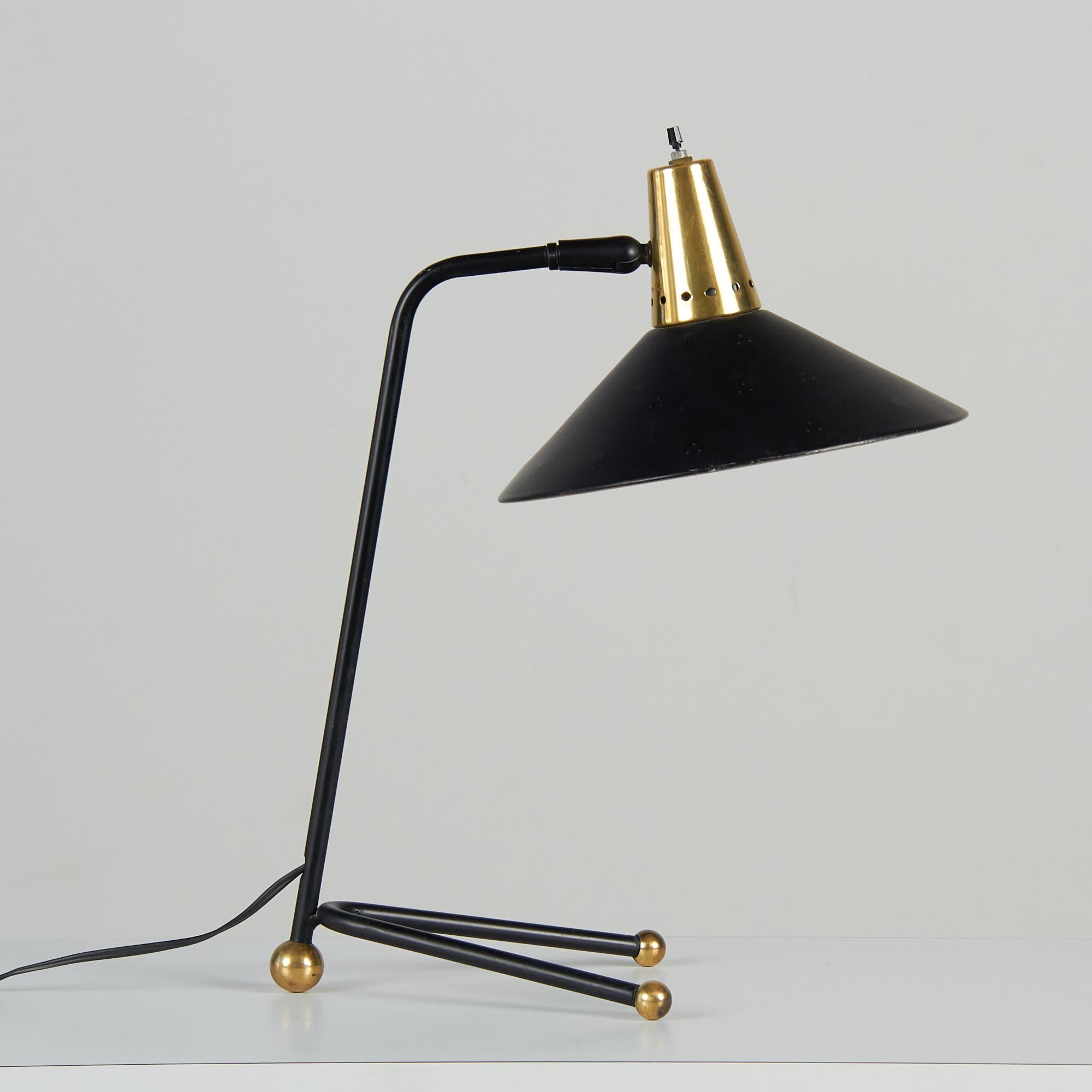 Mid-Century Modern Metal and Brass Tripod Desk Lamp with Perforated Shade