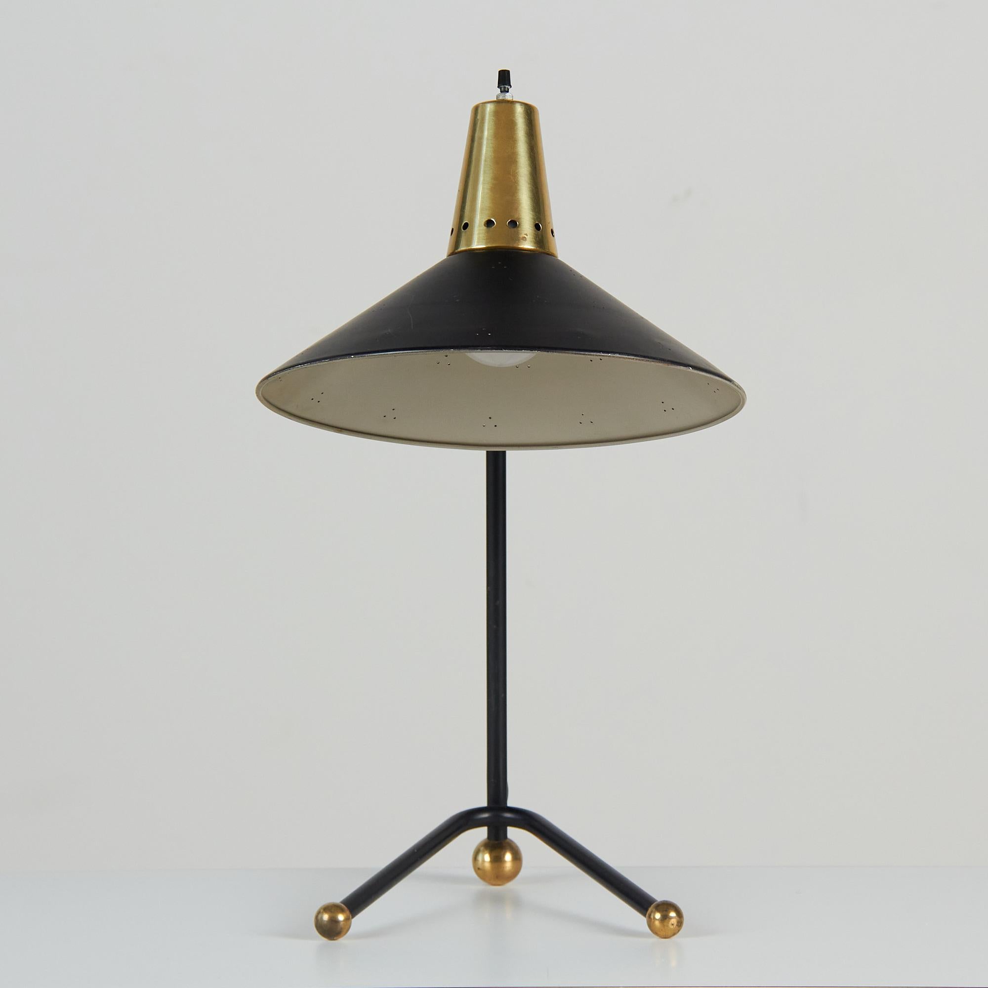 Italian Metal and Brass Tripod Desk Lamp with Perforated Shade