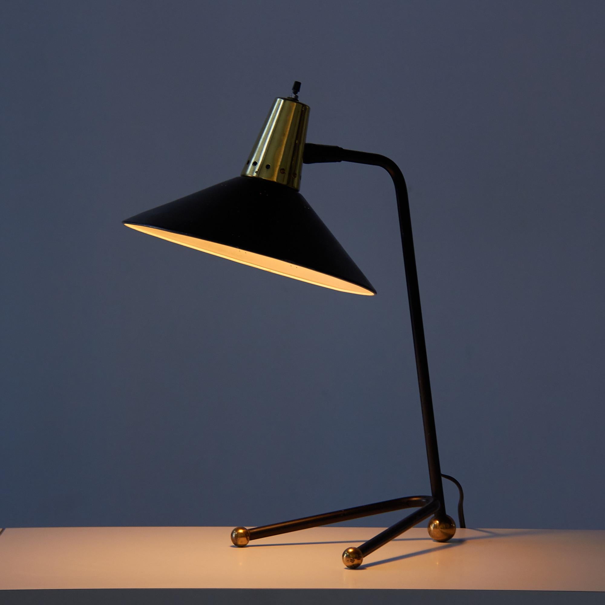 Enameled Metal and Brass Tripod Desk Lamp with Perforated Shade