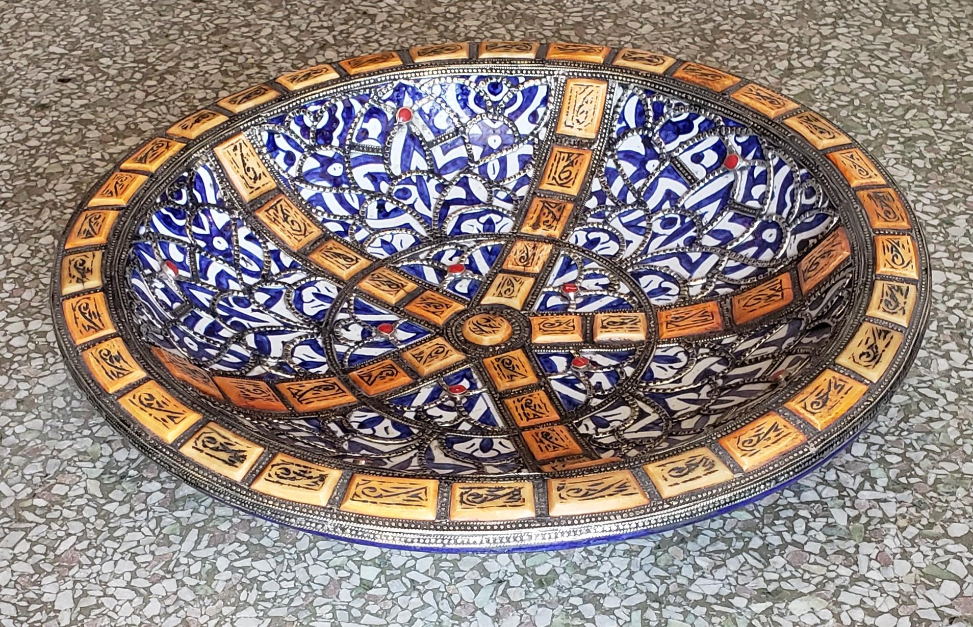Contemporary Metal and Camel Bone Inlaid Moroccan Hand Painted Plate, 19/1 For Sale