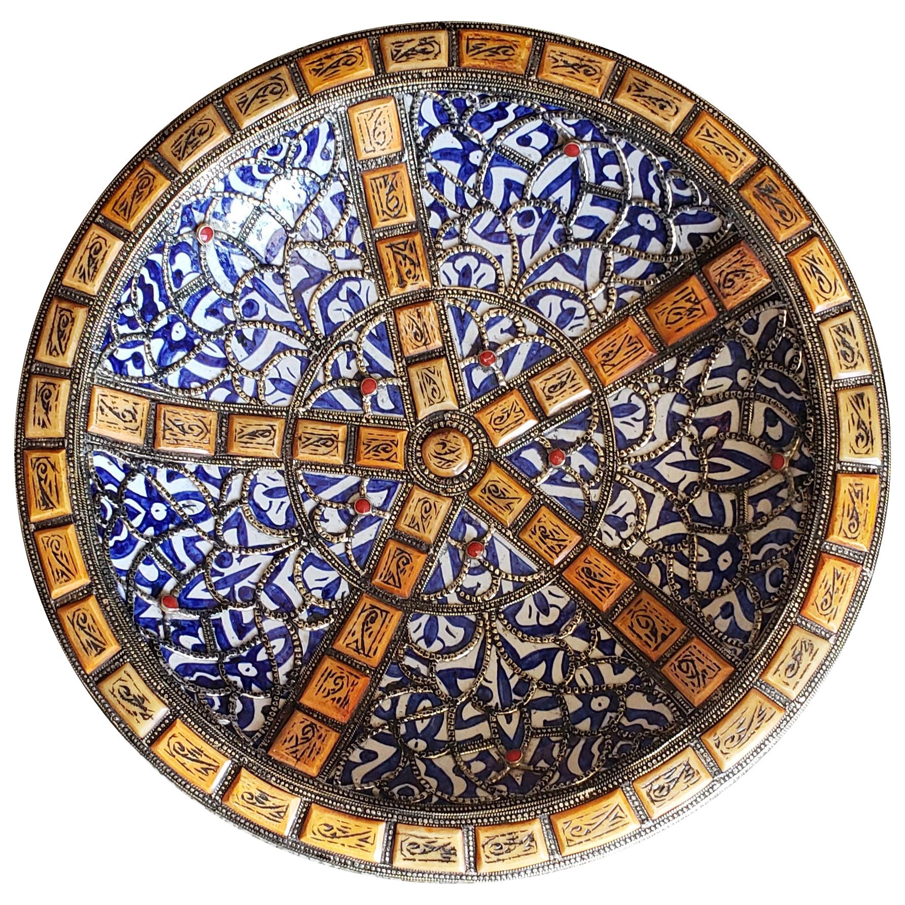 Metal and Camel Bone Inlaid Moroccan Hand Painted Plate, 19/1 For Sale