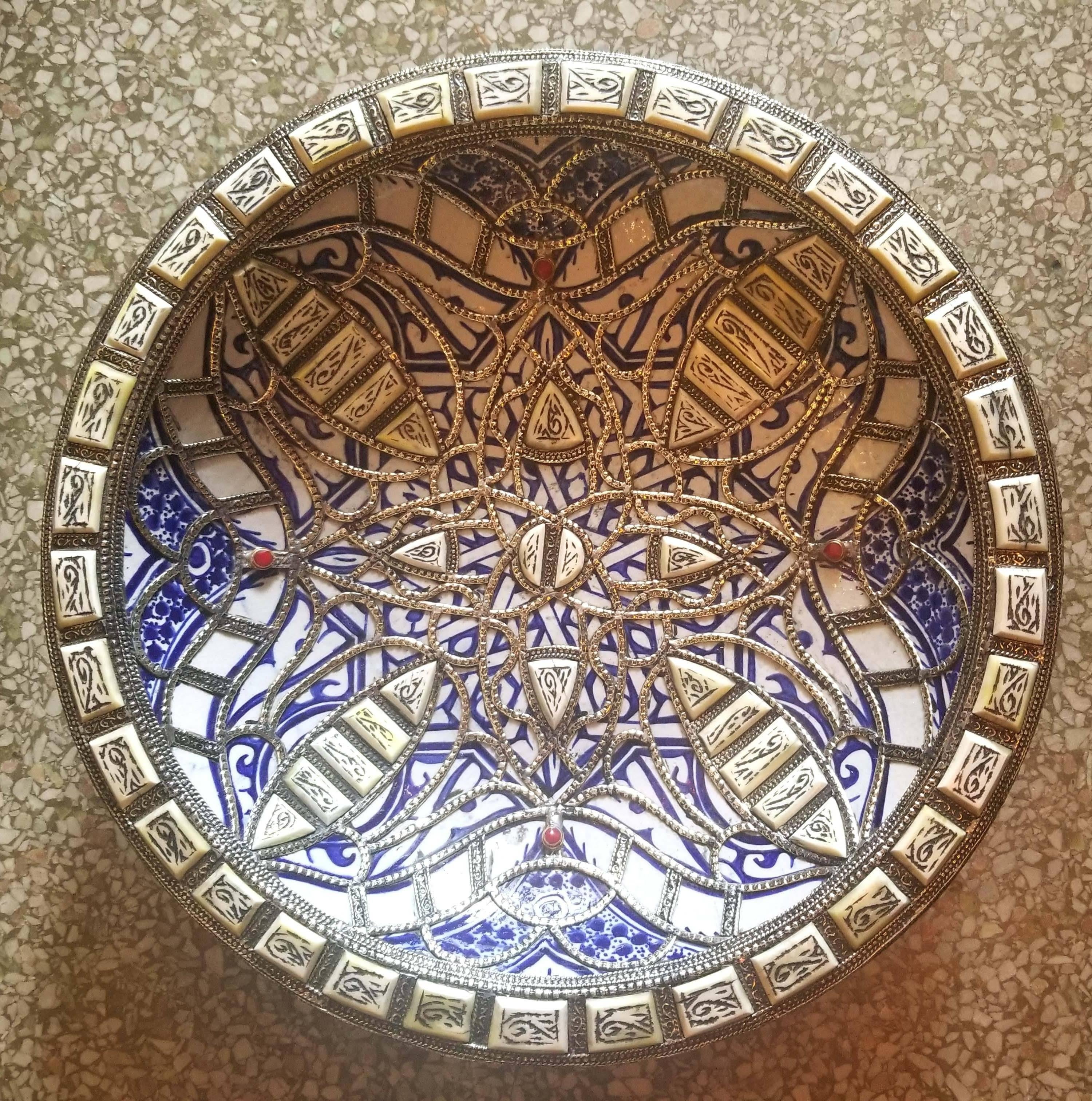Metal and Camel Bone Inlaid Moroccan Hand-Painted Plate, Blue or White In Excellent Condition For Sale In Orlando, FL