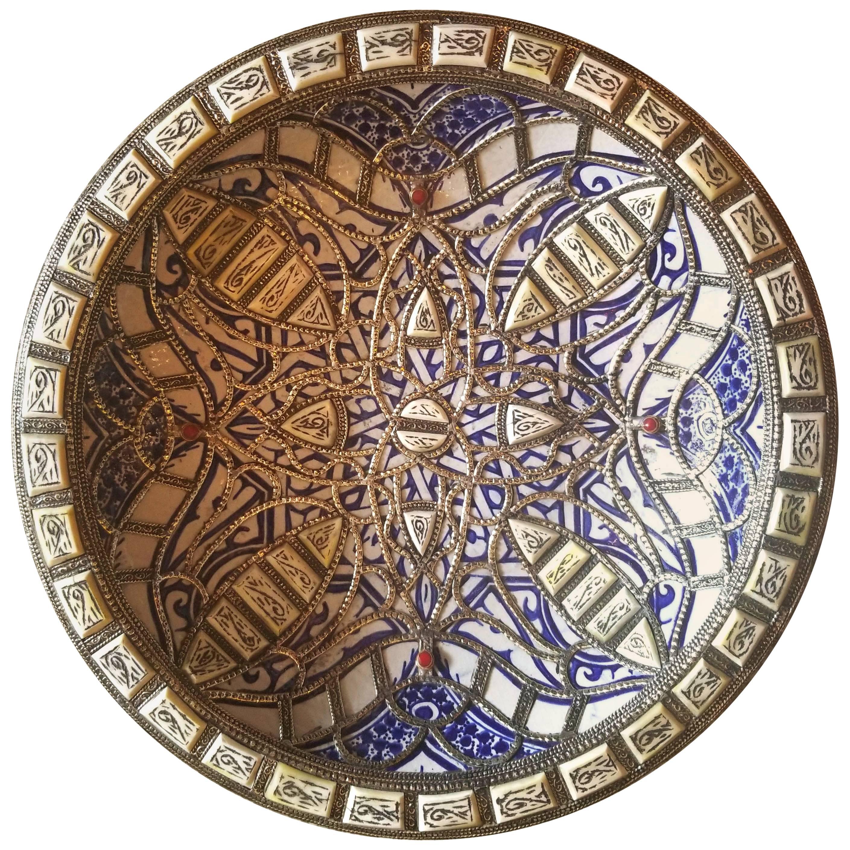 Metal and Camel Bone Inlaid Moroccan Hand-Painted Plate, Blue or White For Sale