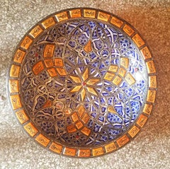Metal and Camel Bone Inlaid Moroccan Hand-Painted Plate - Blue / White