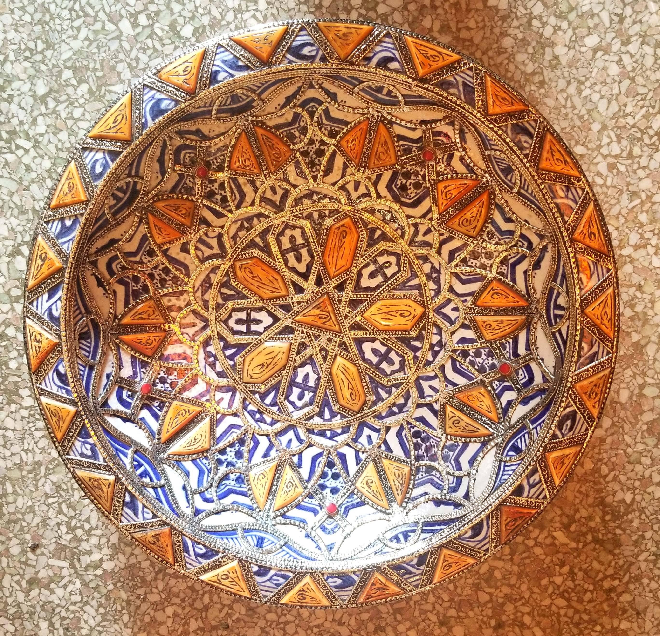 Metal and Camel Bone Inlaid Moroccan Hand-Painted Plate, Blue / White For Sale 2
