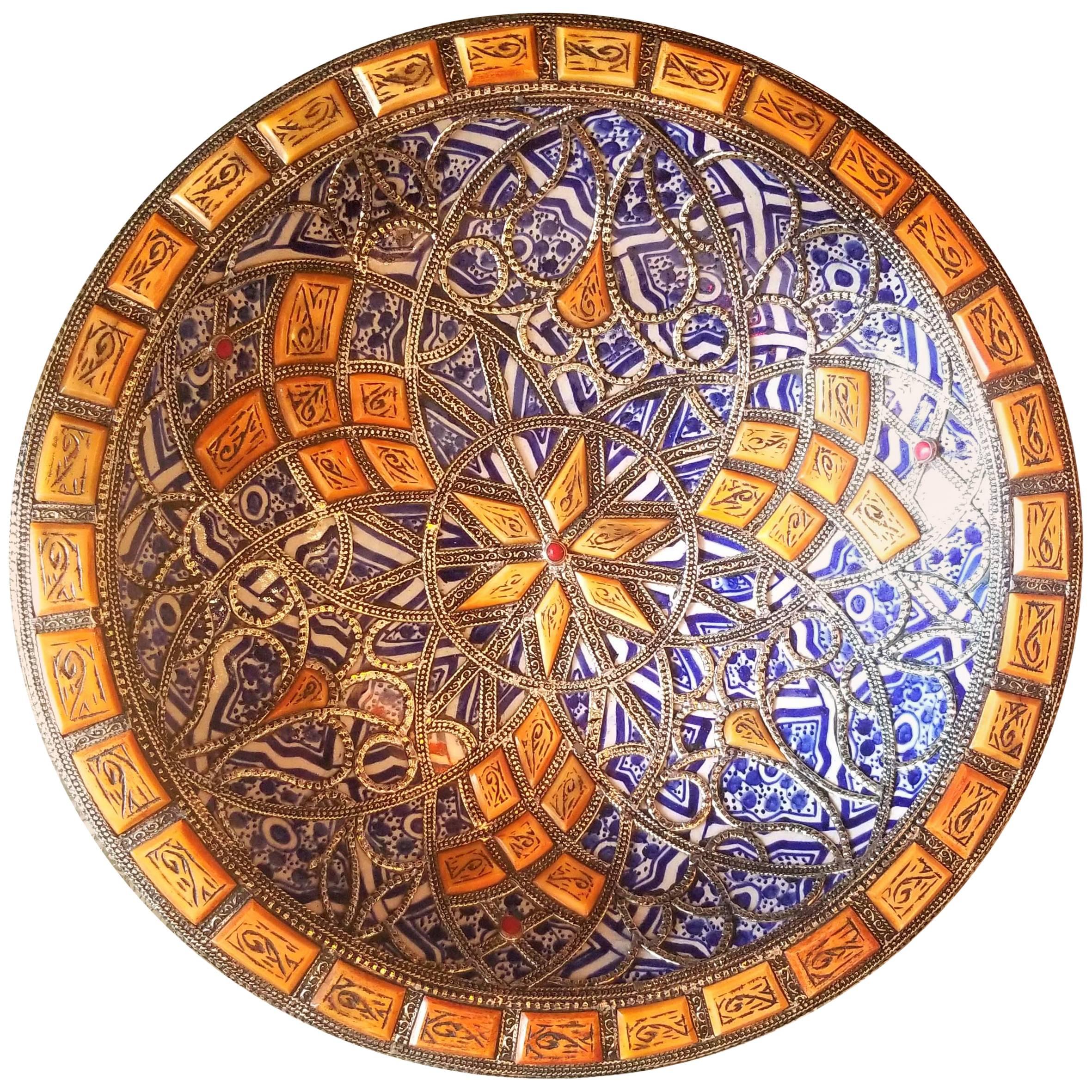 Metal and Camel Bone Inlaid Moroccan Hand-Painted Plate - Blue / White For Sale