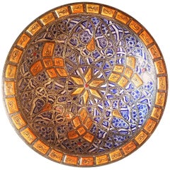 Metal and Camel Bone Inlaid Moroccan Hand-Painted Plate - Blue / White