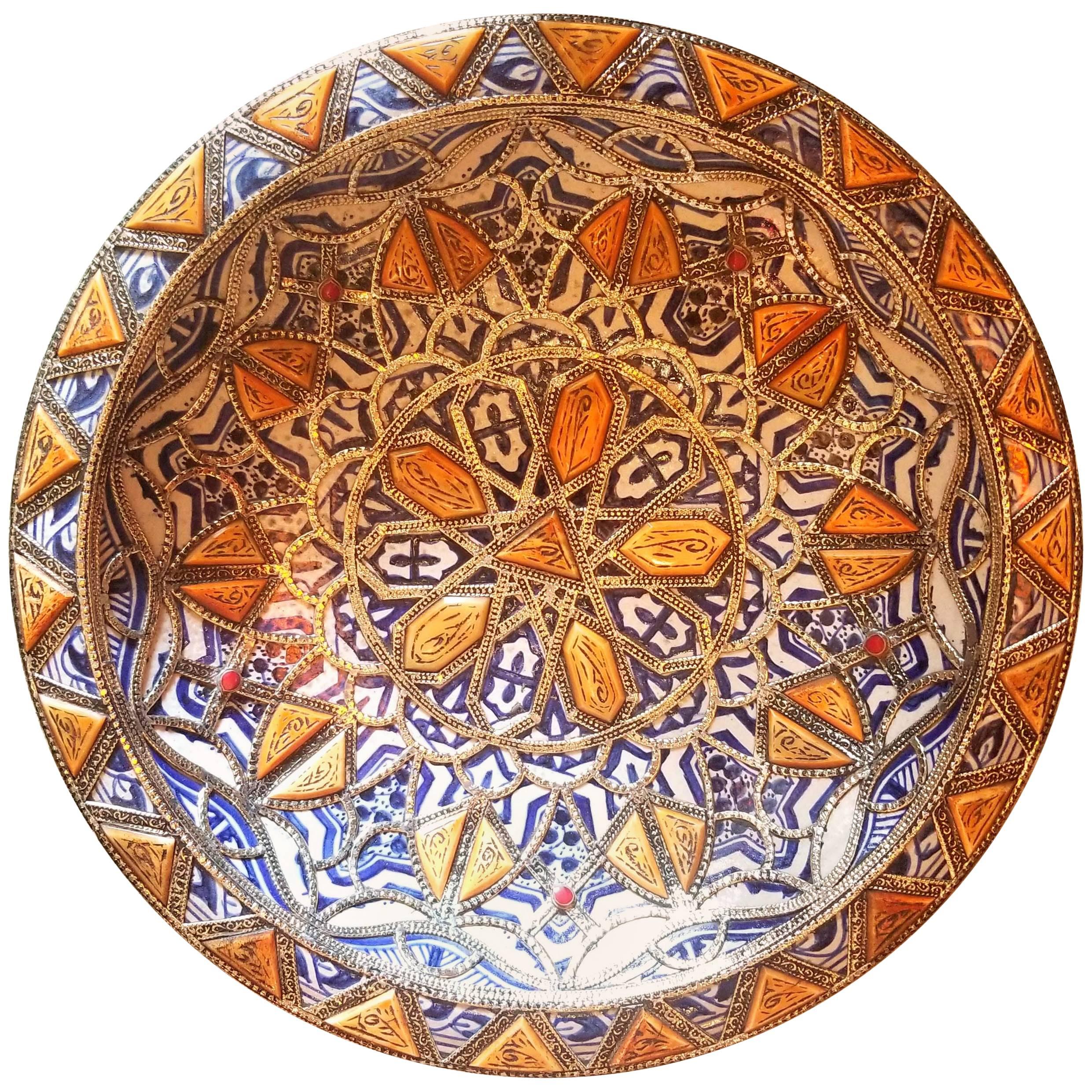 Metal and Camel Bone Inlaid Moroccan Hand-Painted Plate, Blue / White For Sale